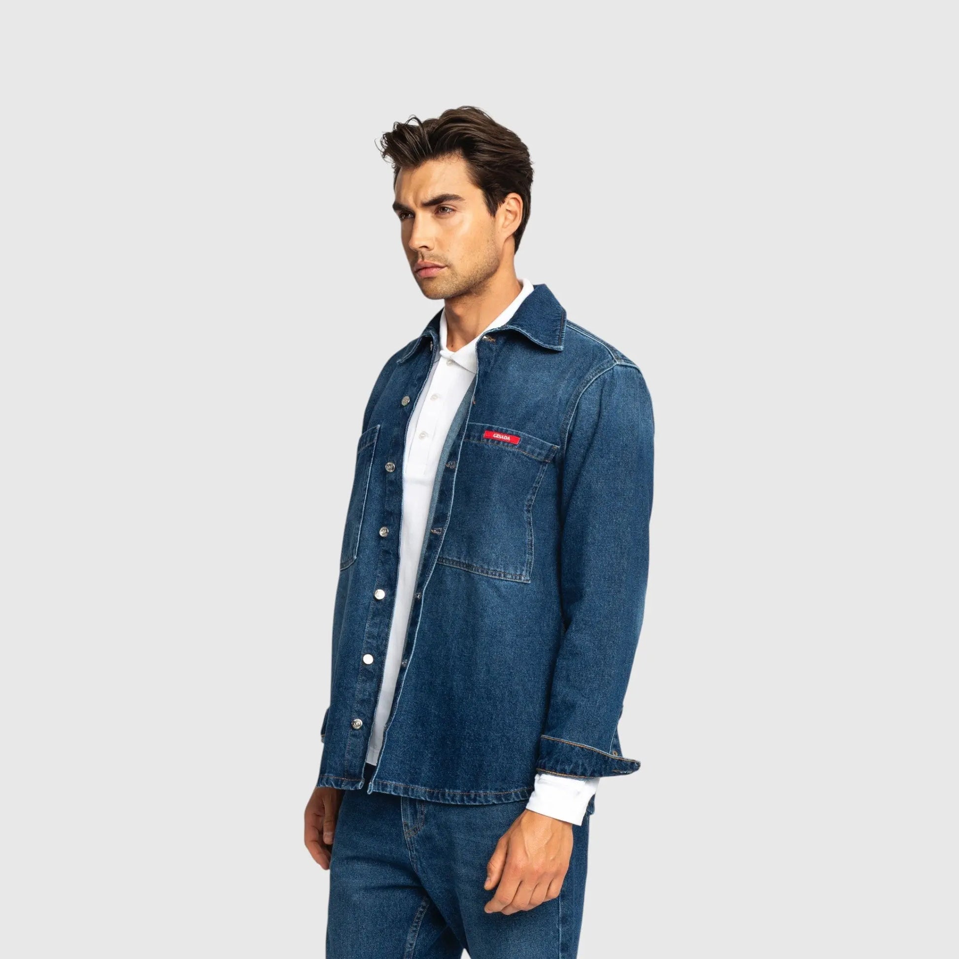 Oversized Denim Shirt with Gisada Logo and Mini Label Patch - Gisada.com