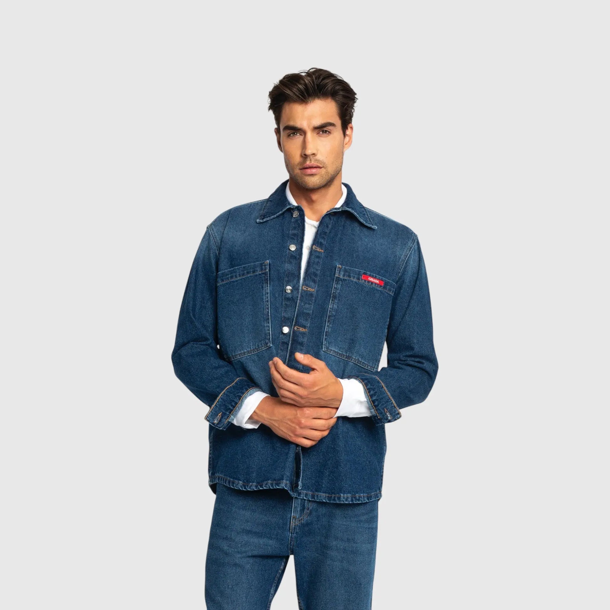 Oversized Denim Shirt with Gisada Logo and Mini Label Patch - Gisada.com