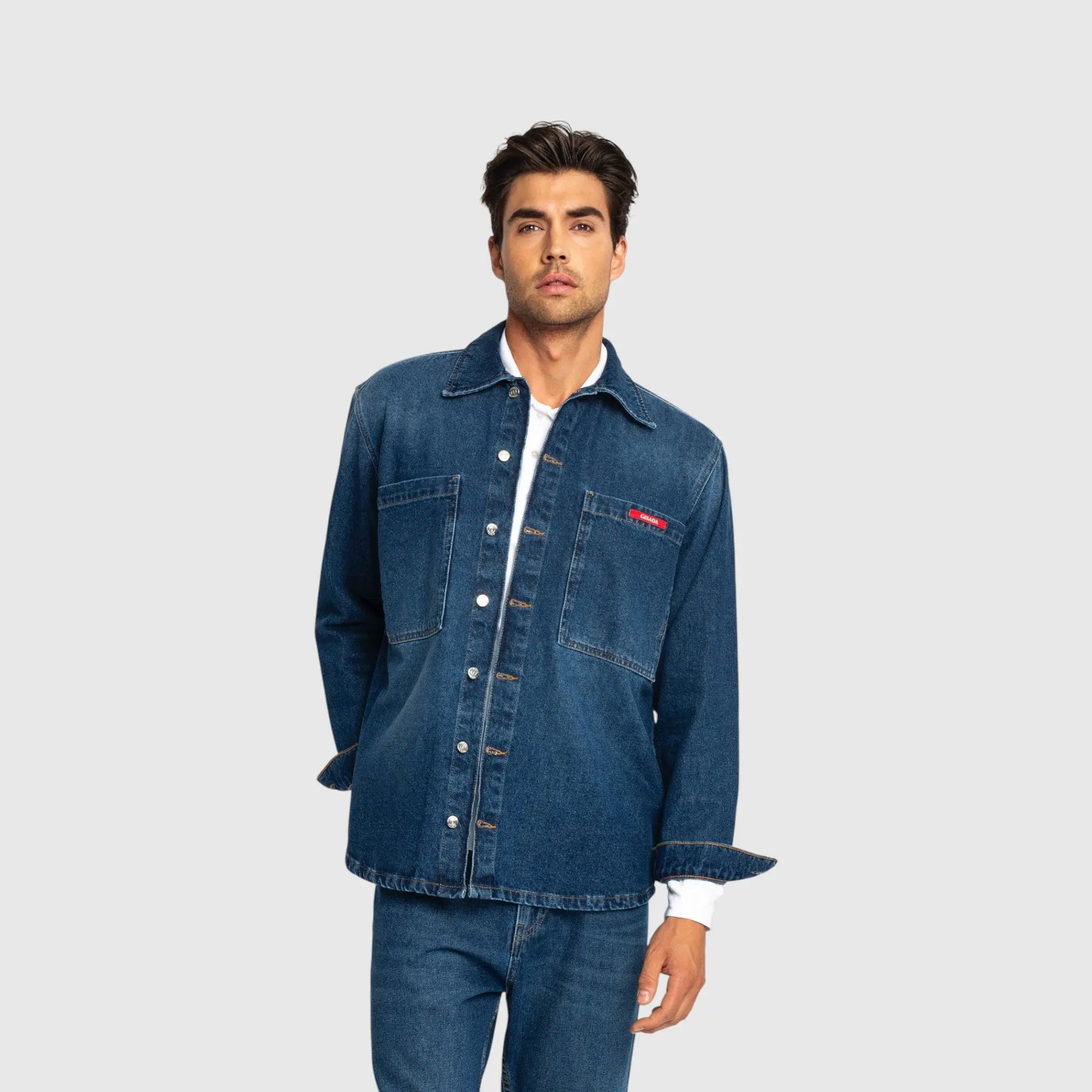 Oversized Denim Shirt with Gisada Logo and Mini Label Patch - Gisada.com