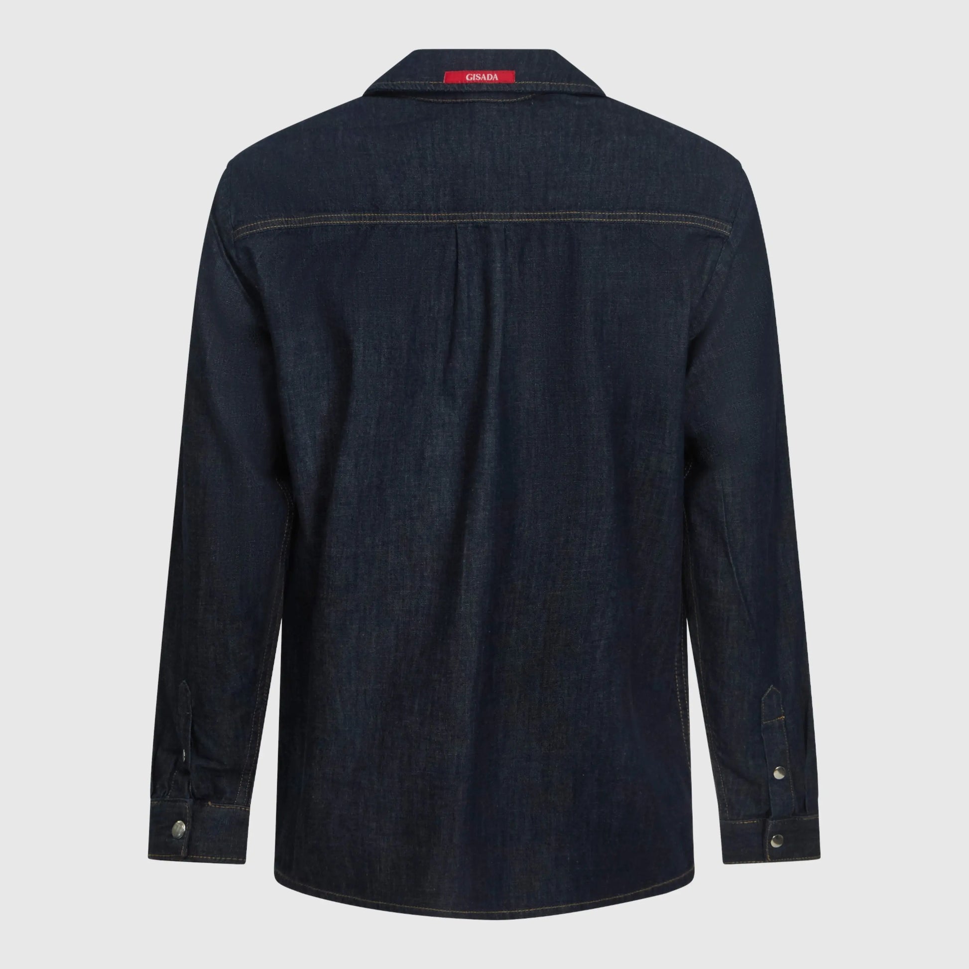 Back view of luxury navy denim shirt by Gisada featuring label patch