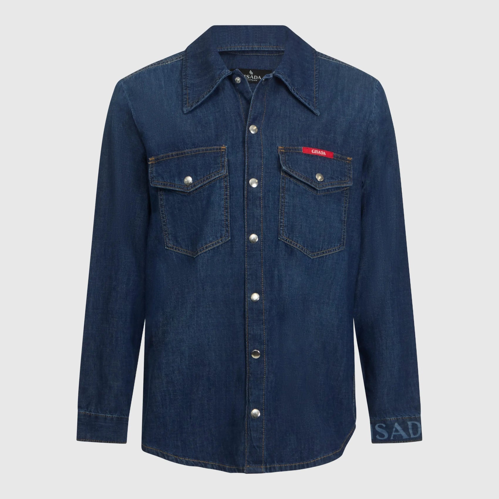 Front view of Gisada regular fit denim shirt with pearl snap buttons and logo cuff