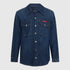 Front view of Gisada regular fit denim shirt with pearl snap buttons and logo cuff