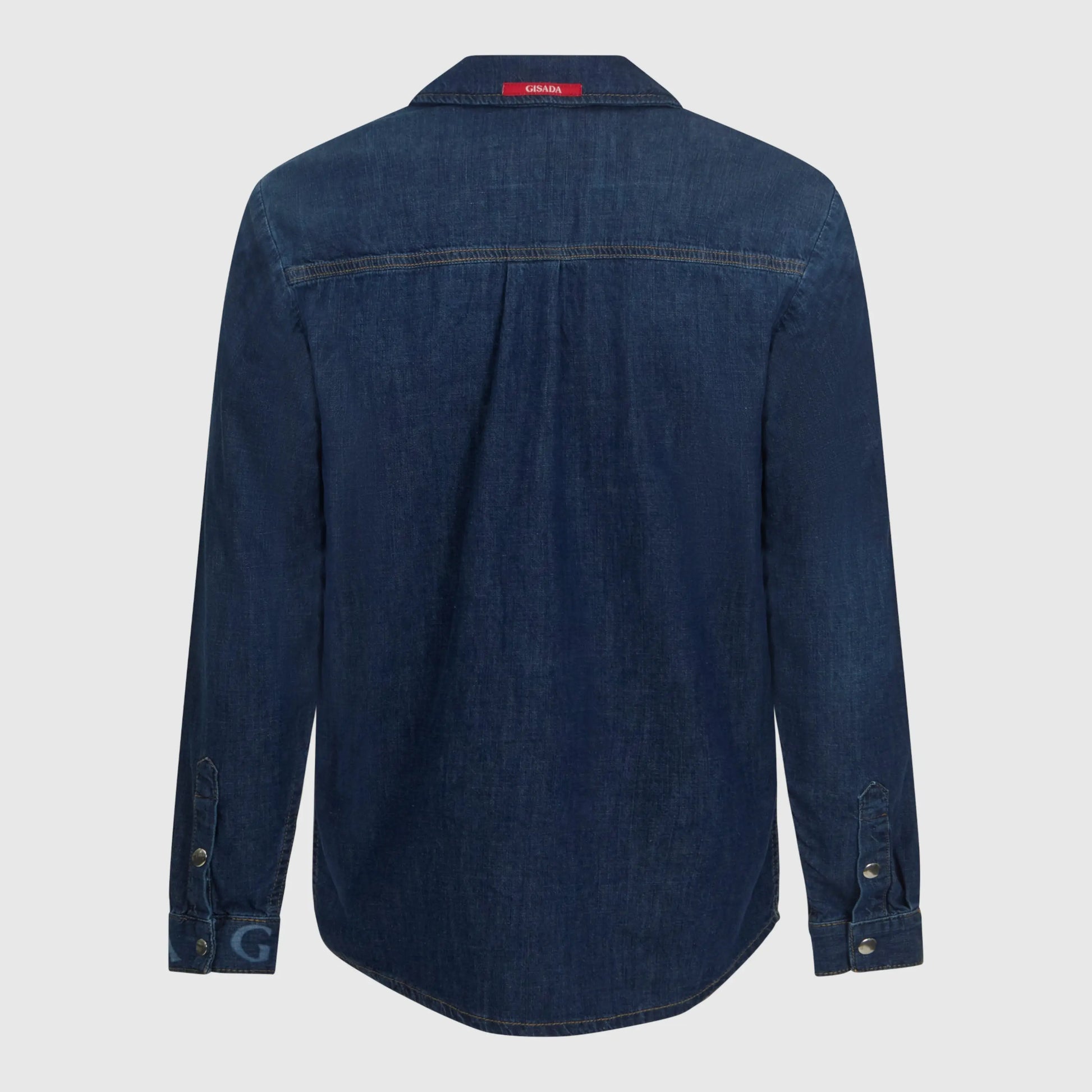 Back view of Gisada designer denim shirt with subtle branding detail on collar