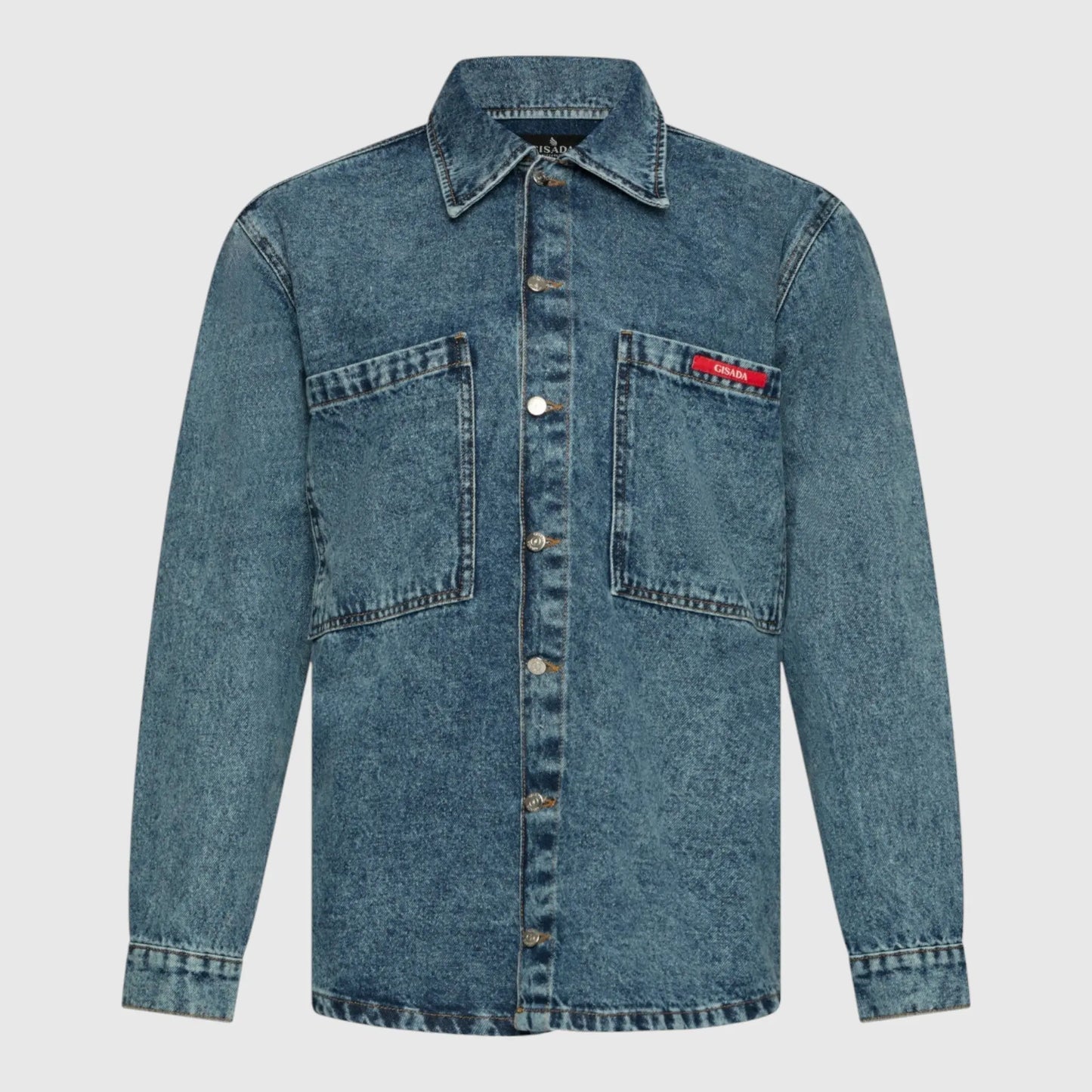 Oversized Denim Shirt with Mini Label Patch - Gisada.com