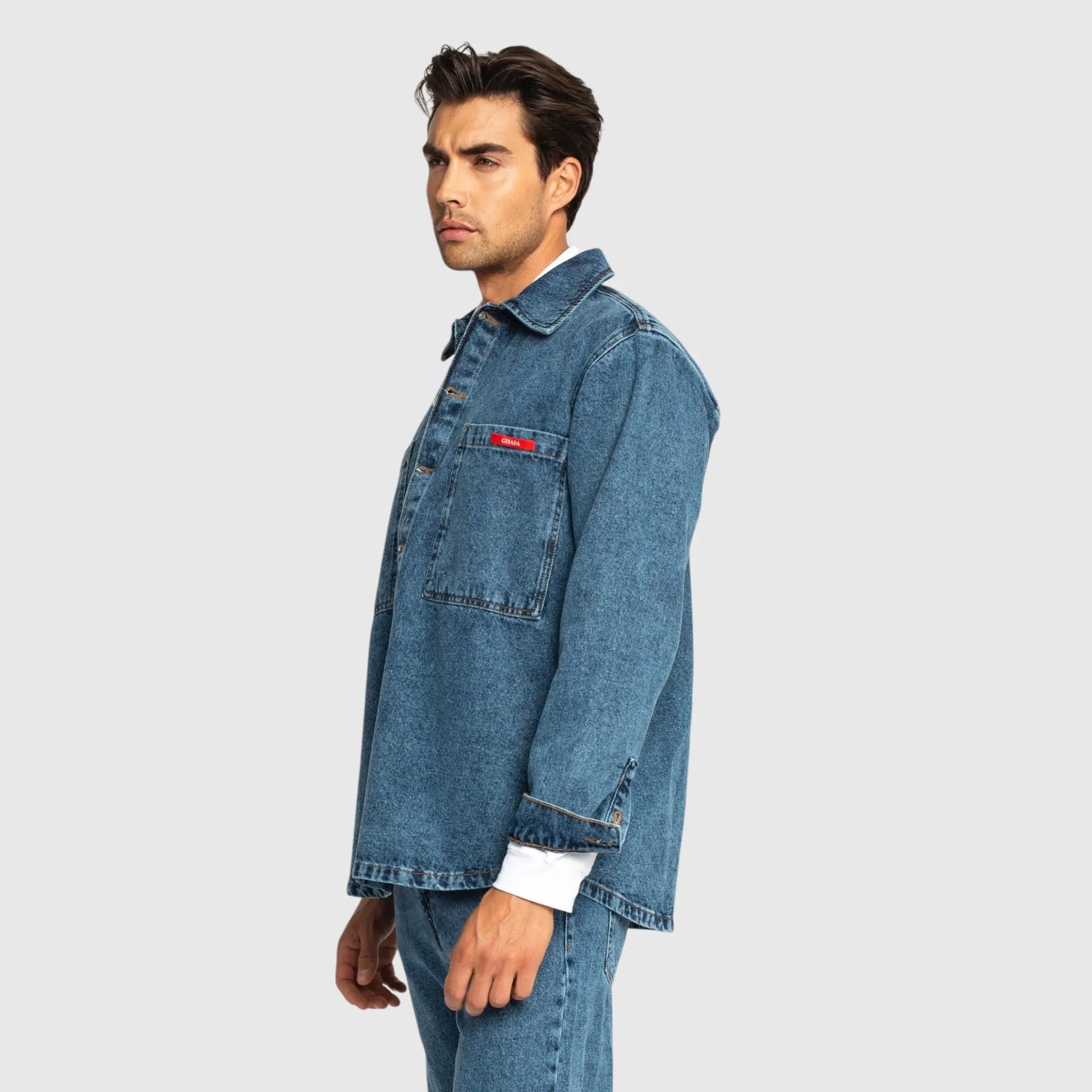Oversized Denim Shirt with Mini Label Patch - Gisada.com