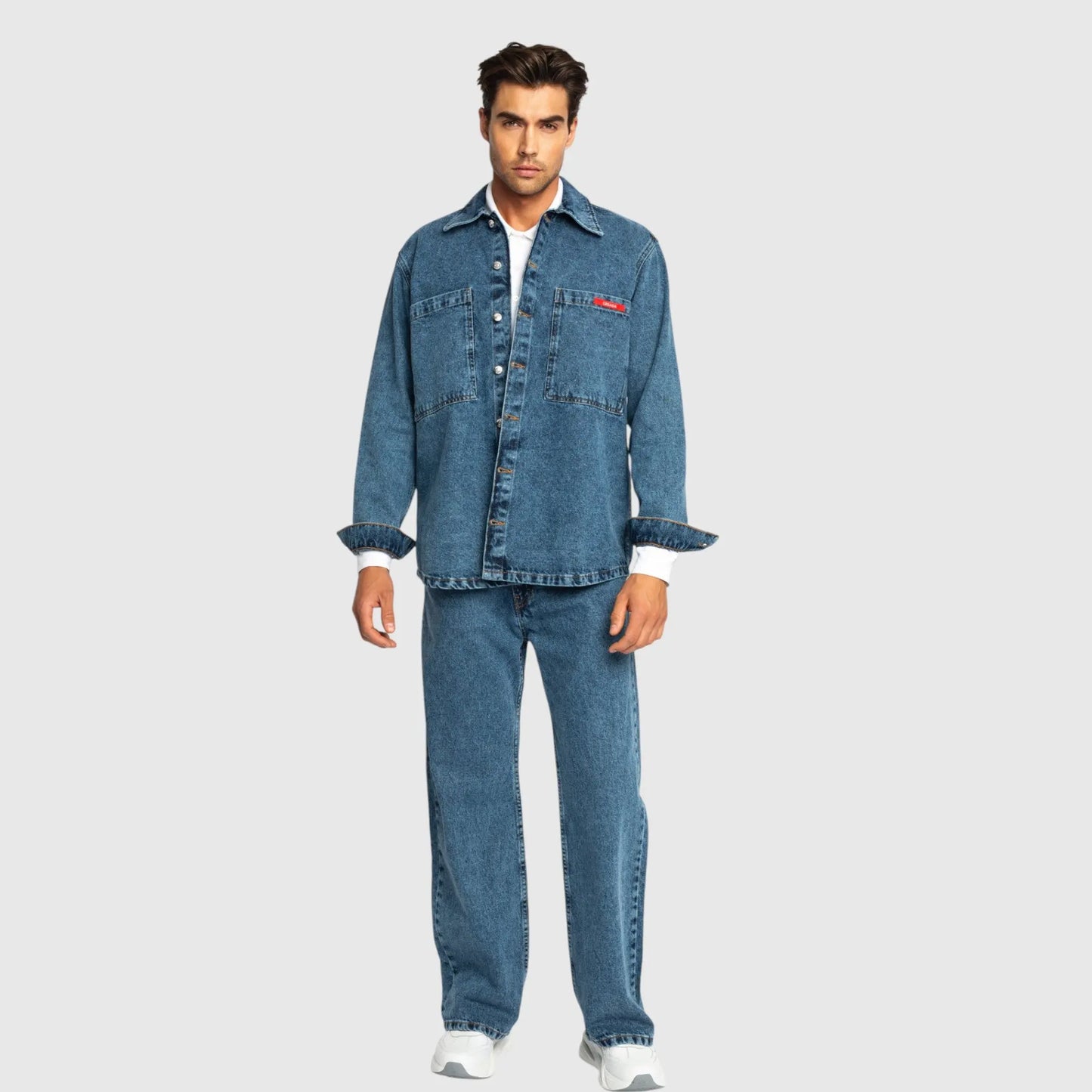 Oversized Denim Shirt with Mini Label Patch - Gisada.com