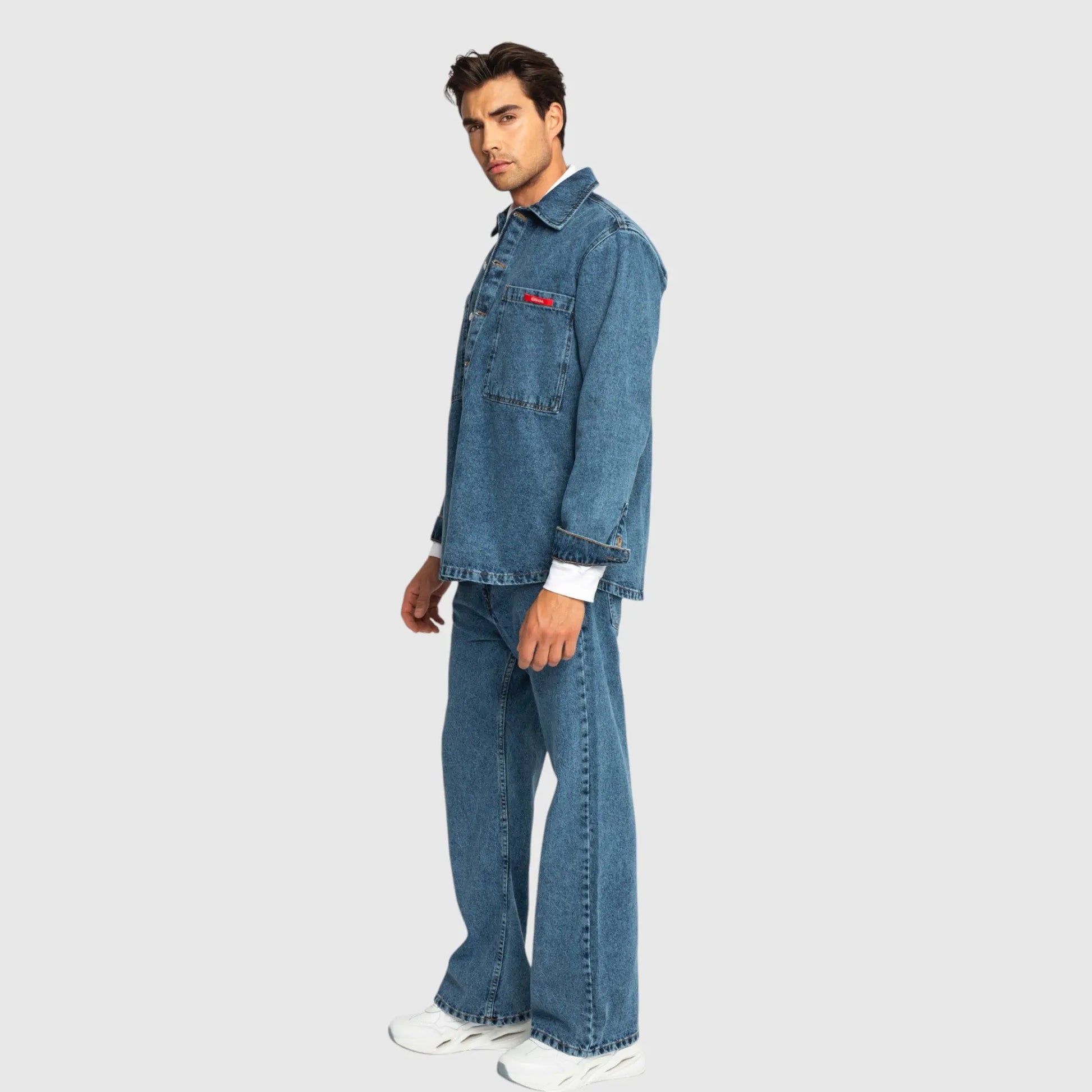 Oversized Denim Shirt with Mini Label Patch - Gisada.com