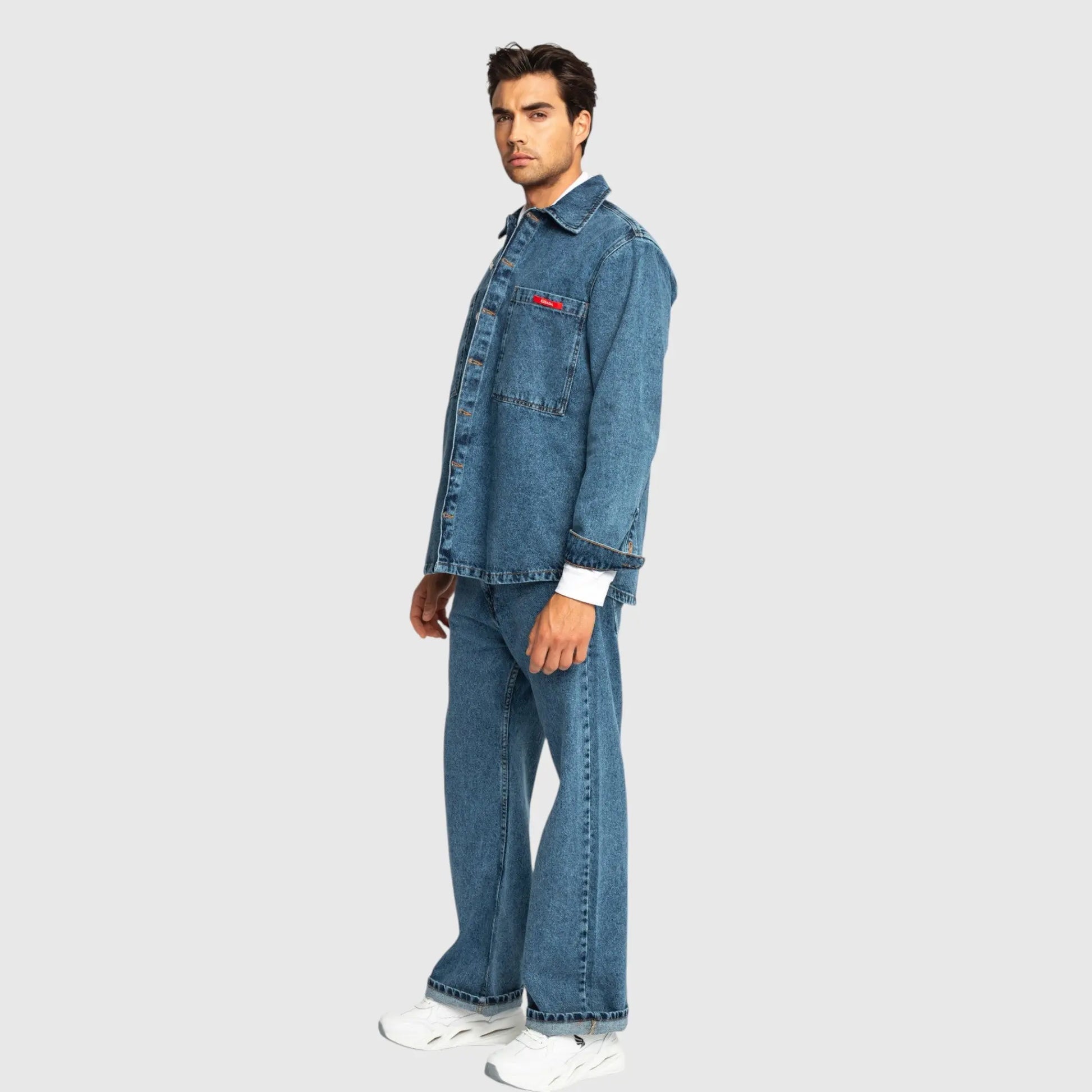 Oversized Denim Shirt with Mini Label Patch - Gisada.com