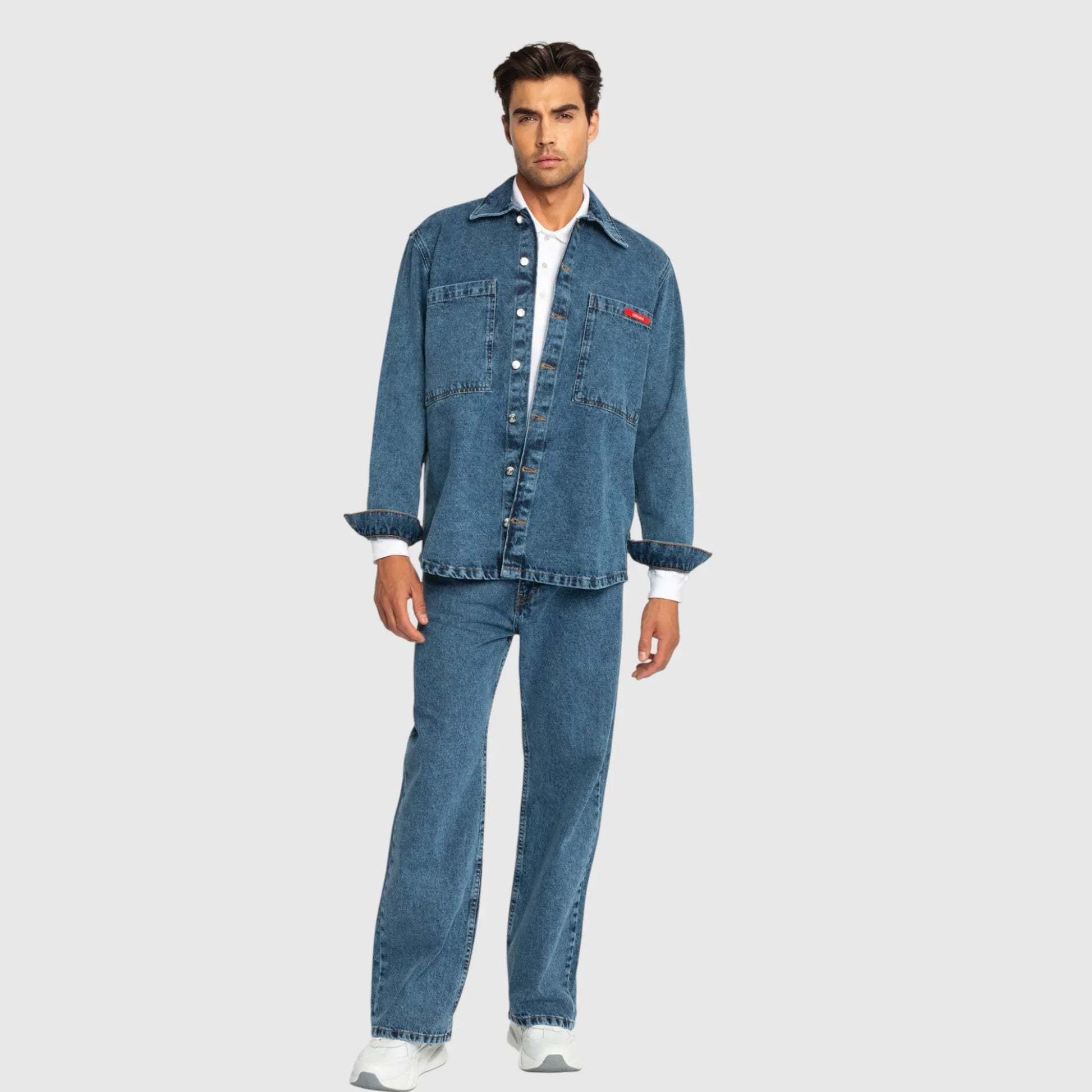 Oversized Denim Shirt with Mini Label Patch - Gisada.com