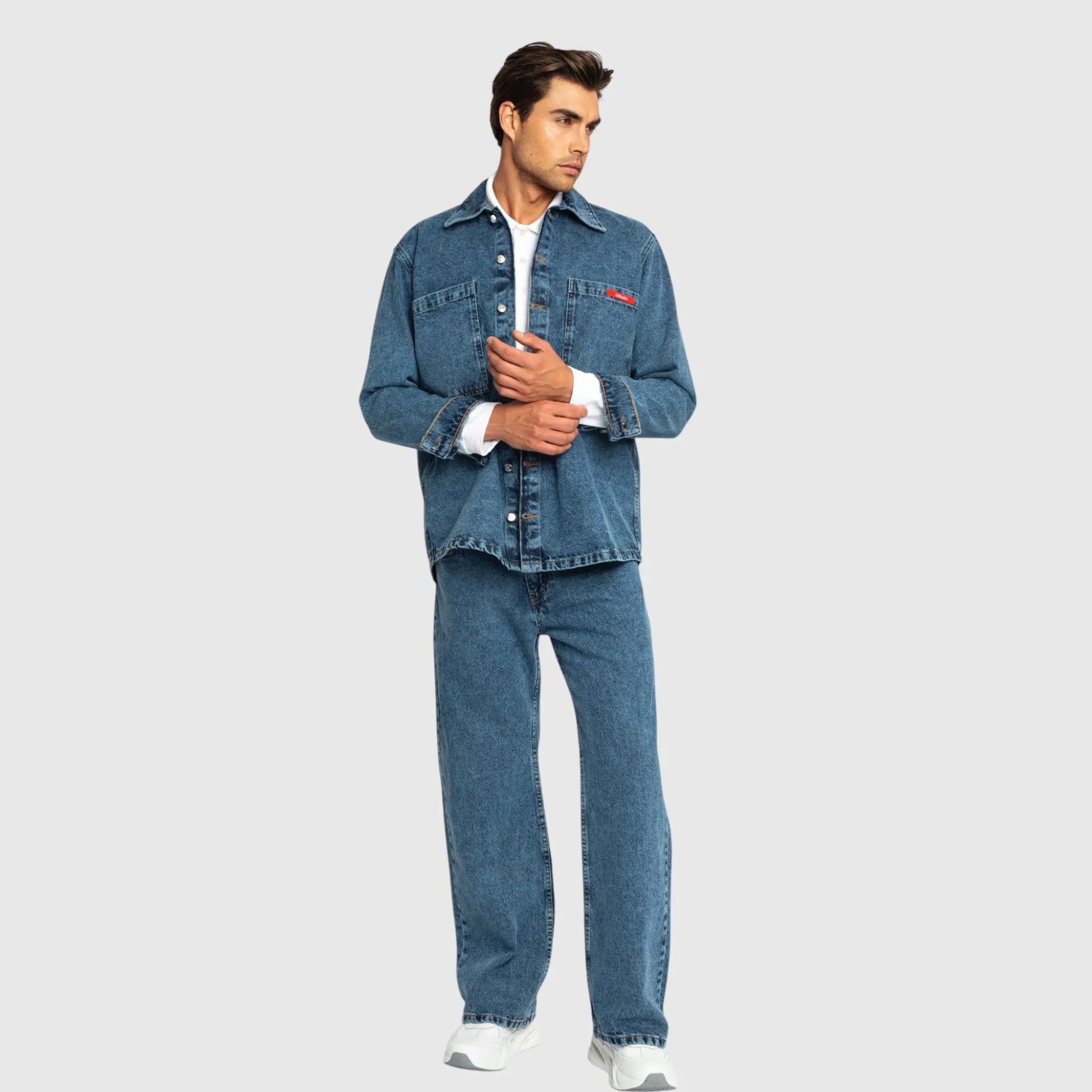 Oversized Denim Shirt with Mini Label Patch - Gisada.com