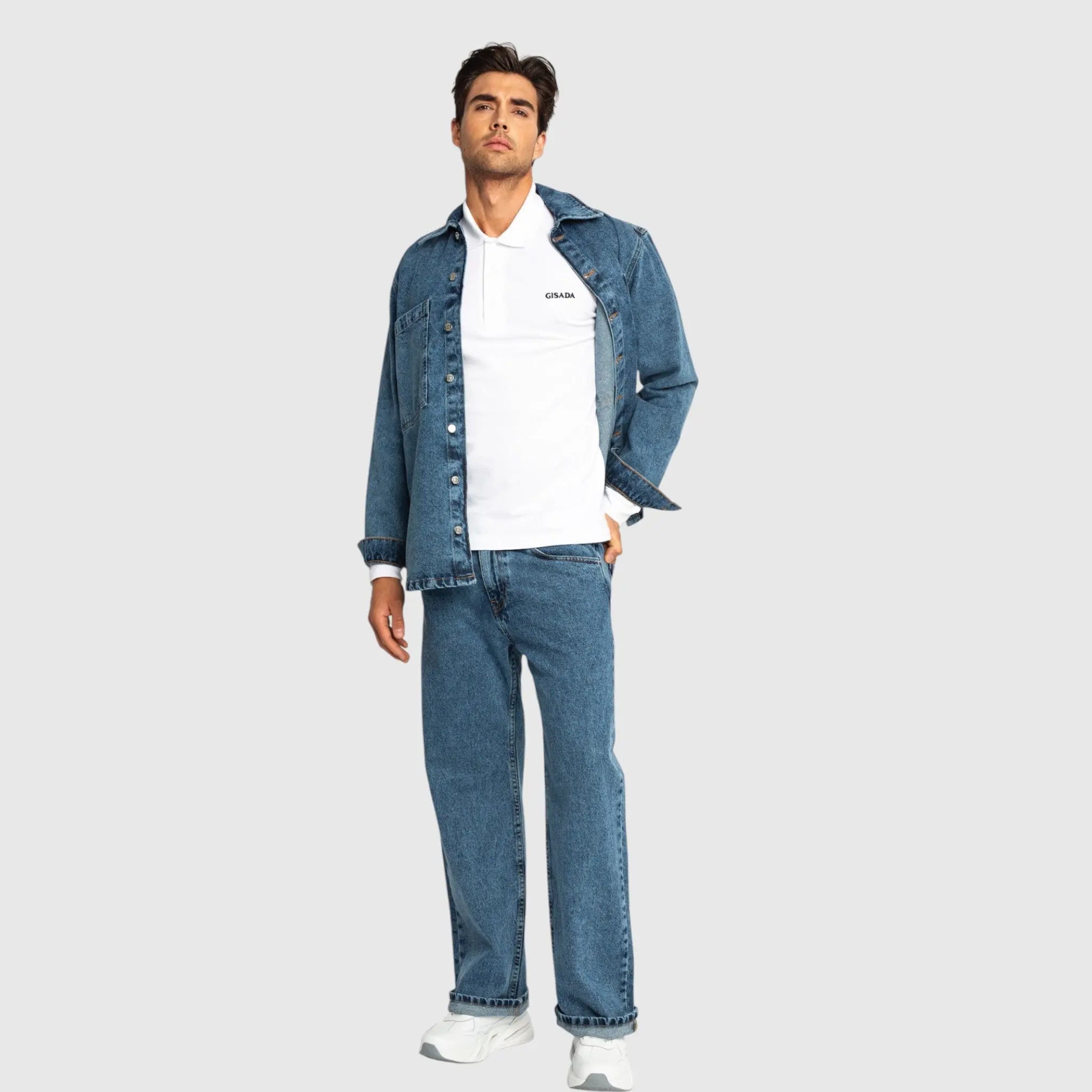 Oversized Denim Shirt with Mini Label Patch - Gisada.com