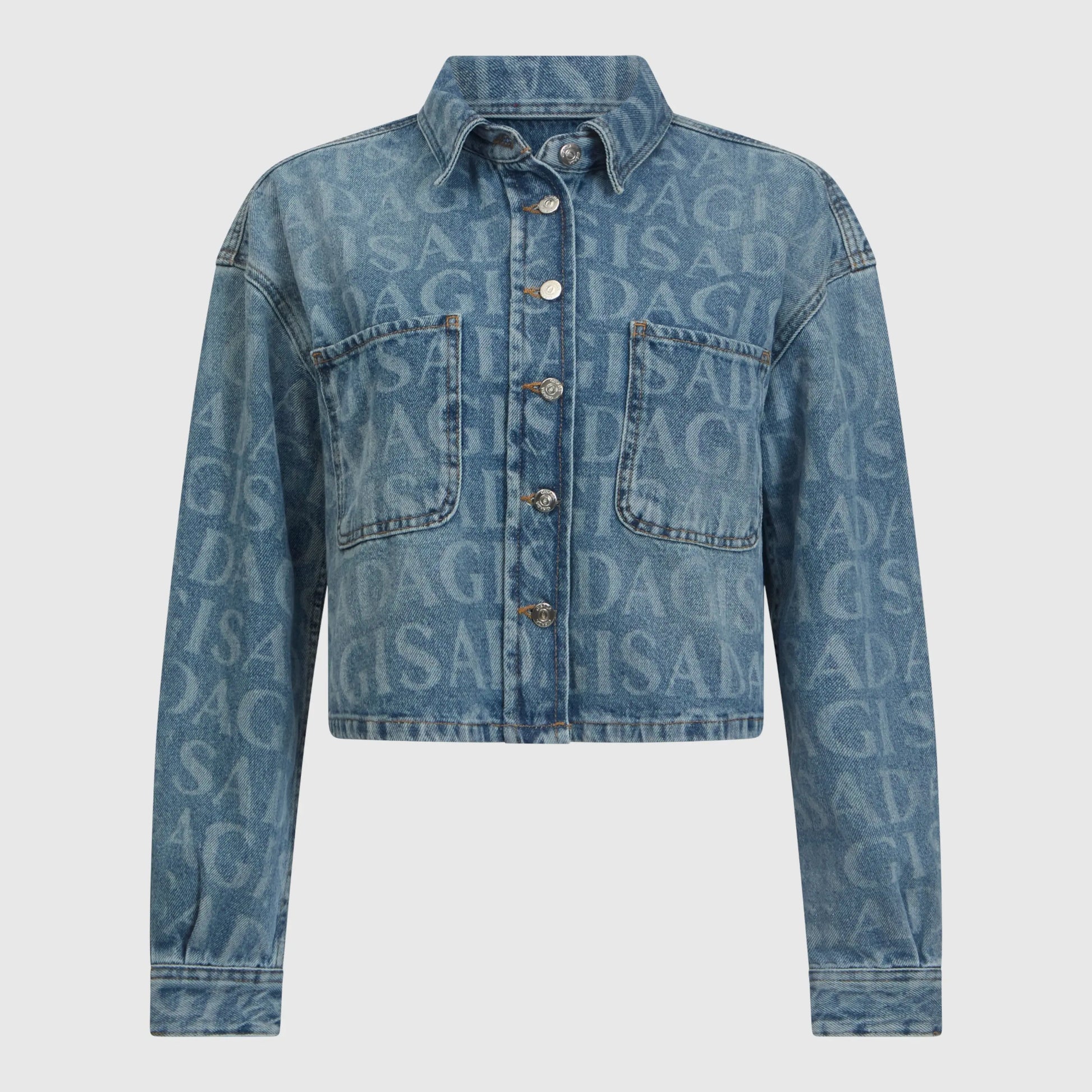 Premium cropped oversize denim shirt with monogram – front view