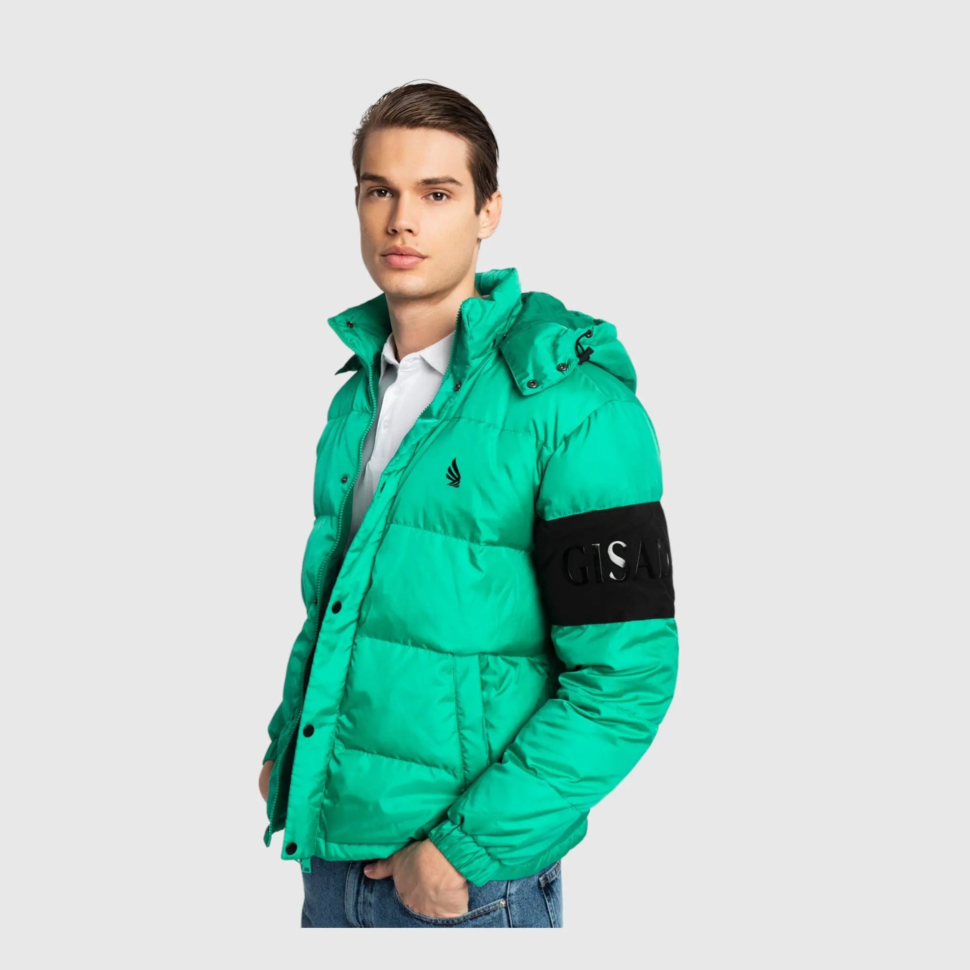 Puffer Down Jacket with Detachable Hood and Logo Patch on Back Gisada Jacket