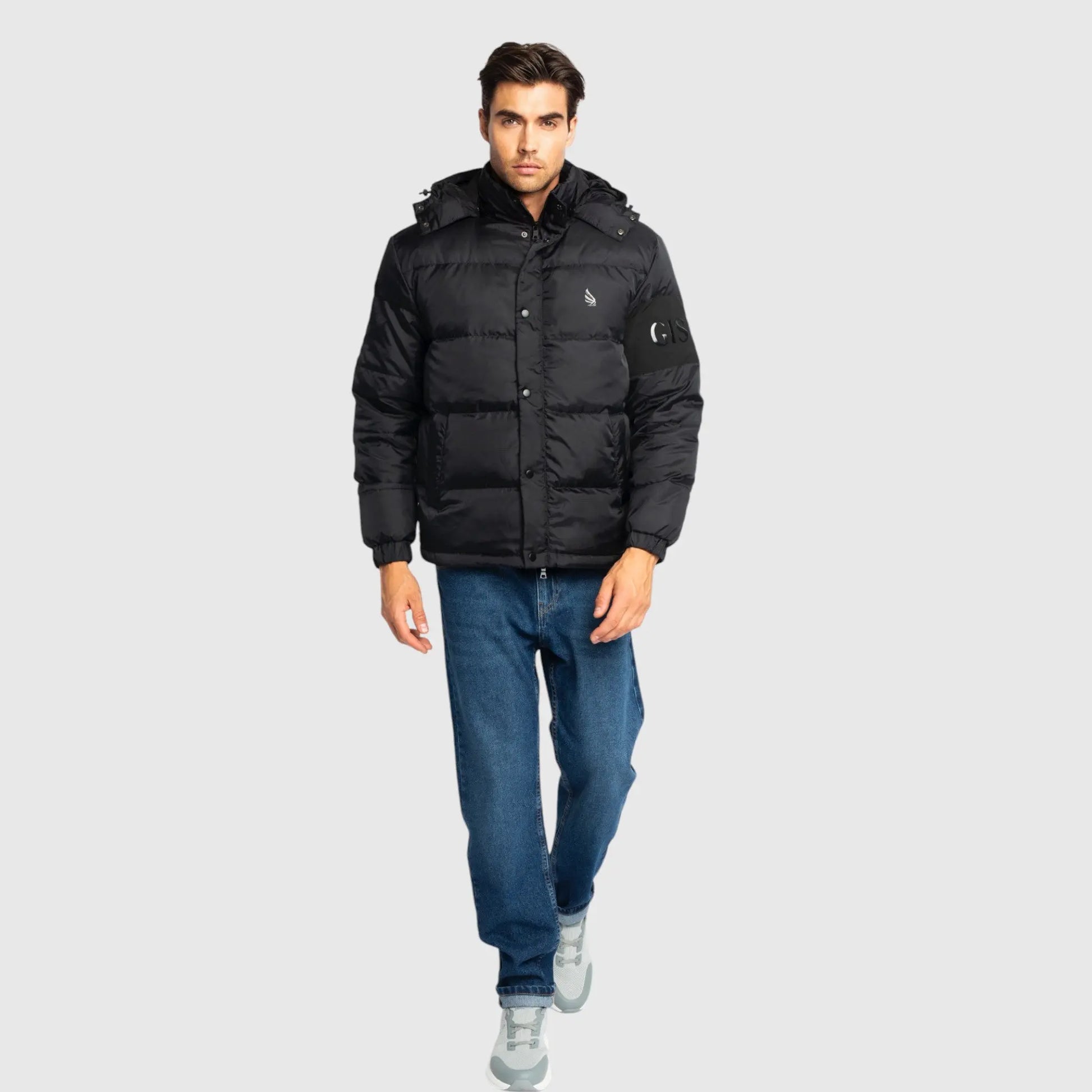 Puffer Down Jacket with Detachable Hood and Logo Patch on Back Gisada Jacket