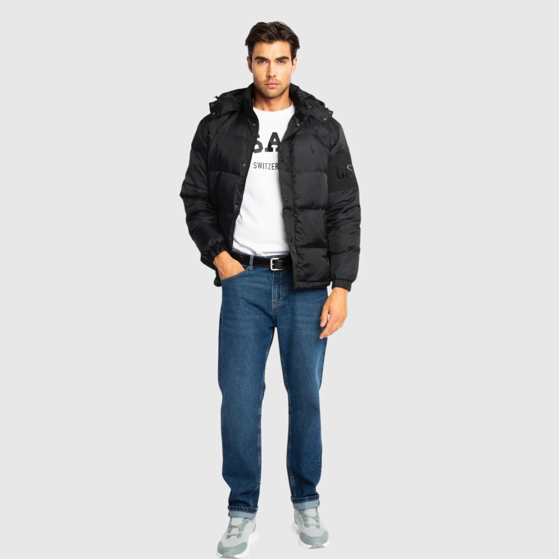 Puffer Down Jacket with Detachable Hood and Logo Patch on Back Gisada Jacket