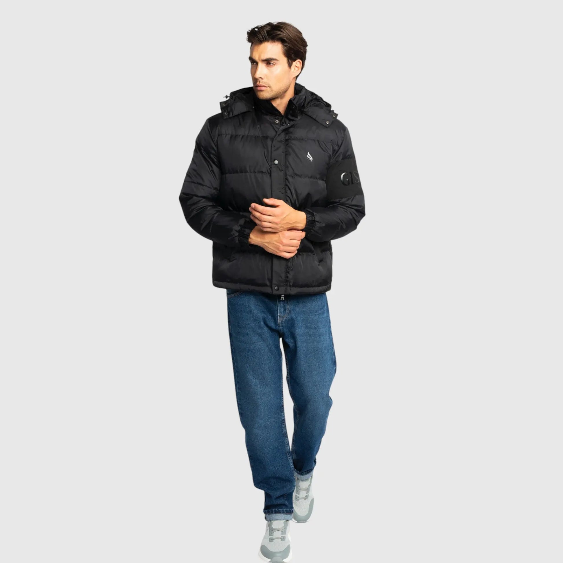Puffer Down Jacket with Detachable Hood and Logo Patch on Back Gisada Jacket