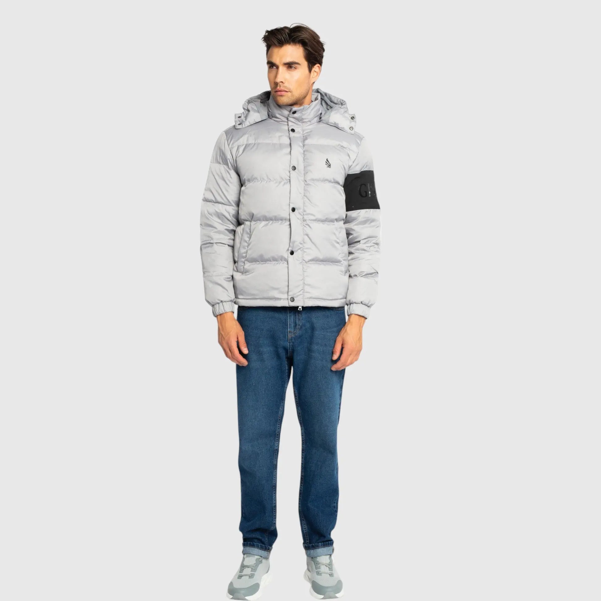 Puffer Down Jacket with Detachable Hood and Logo Patch on Back Gisada Jacket