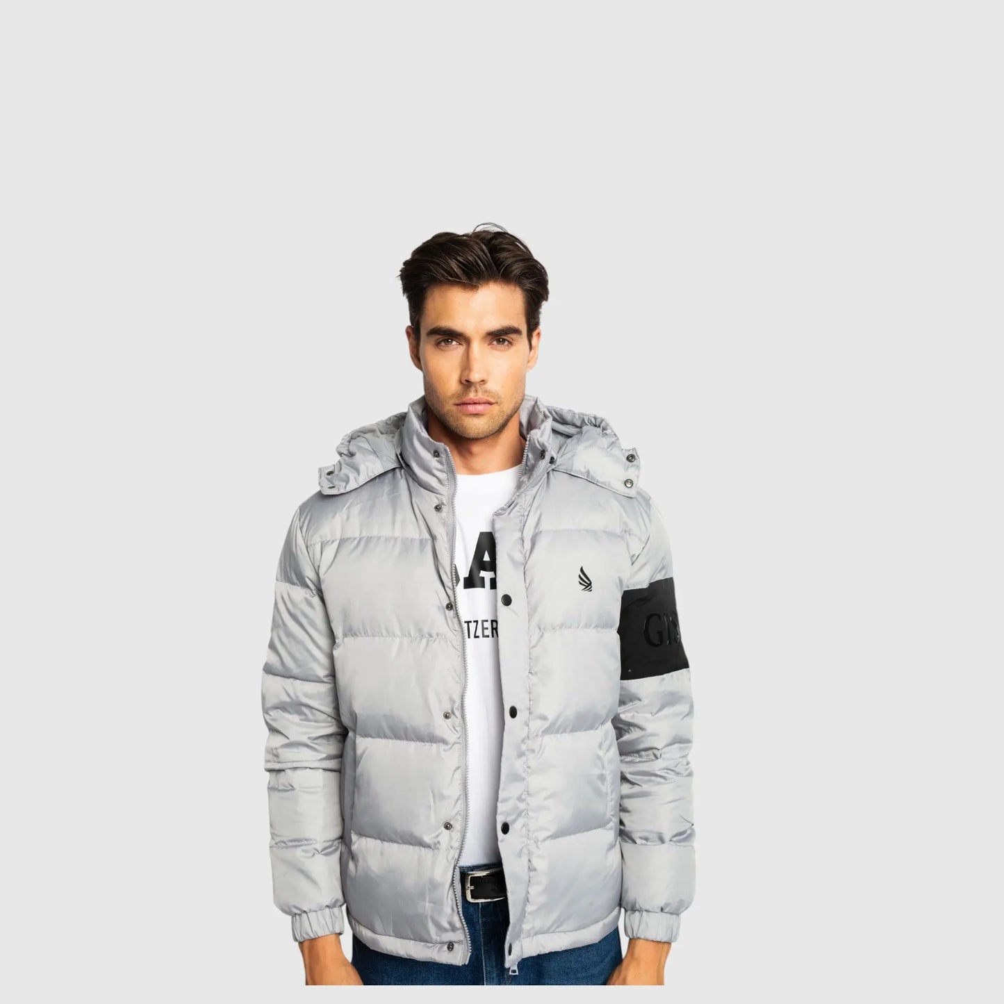Puffer Down Jacket with Detachable Hood and Logo Patch on Back Gisada Jacket
