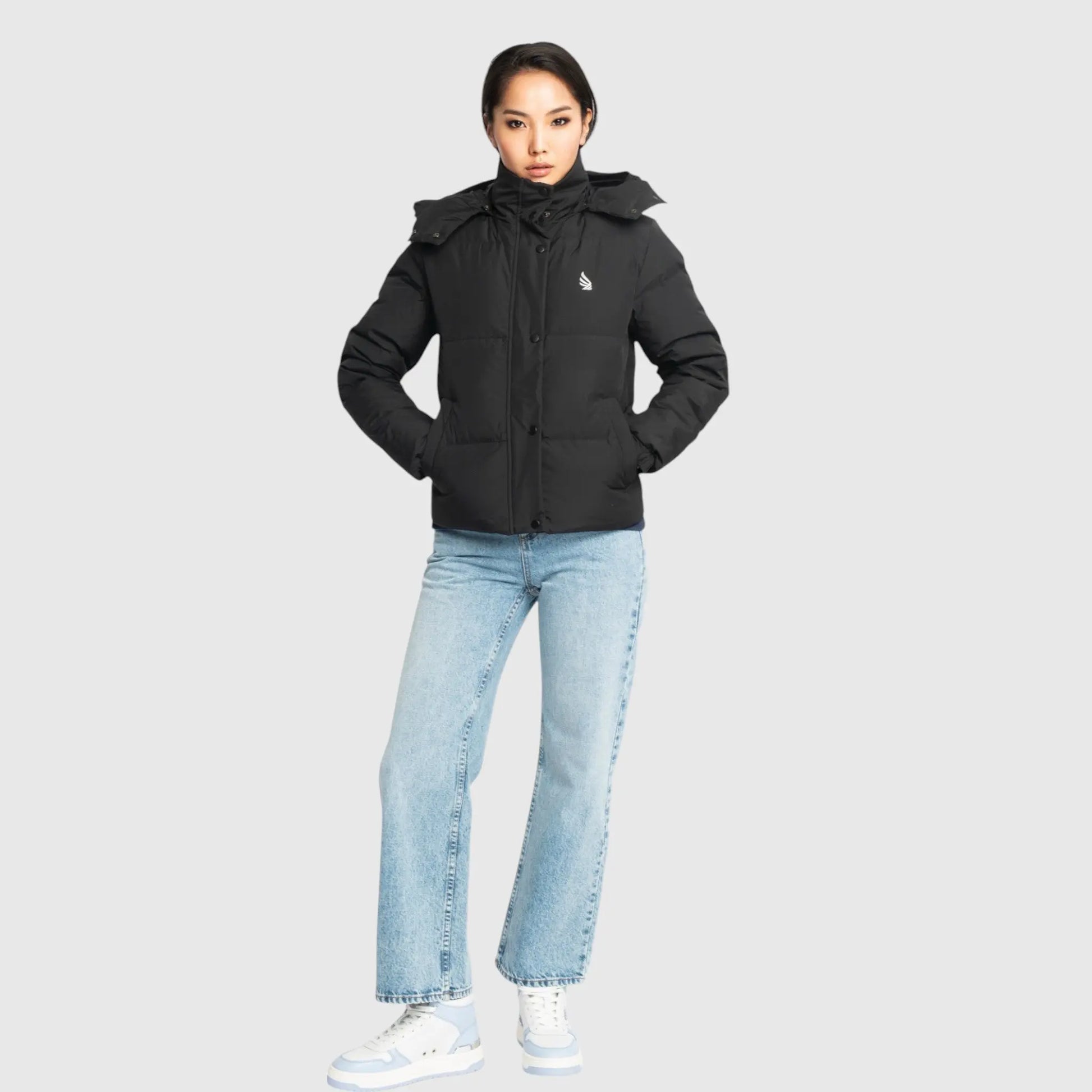 Puffer Down Jacket with Detachable Hood and Logo Print - Gisada.com