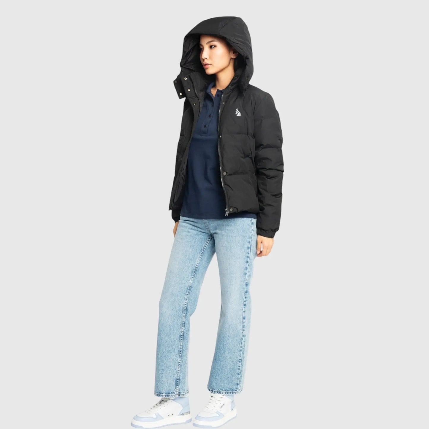 Puffer Down Jacket with Detachable Hood and Logo Print - Gisada.com
