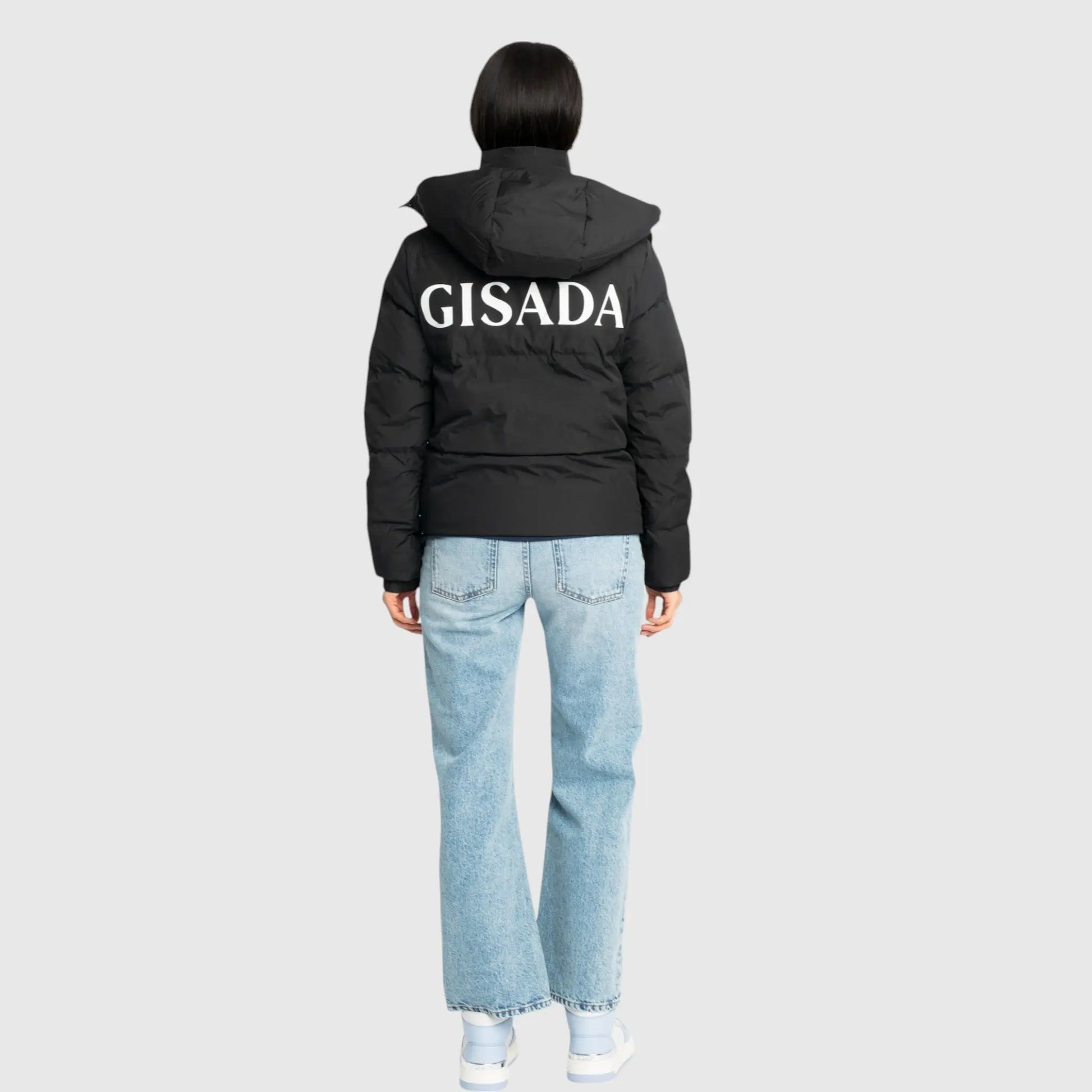 Puffer Down Jacket with Detachable Hood and Logo Print - Gisada.com