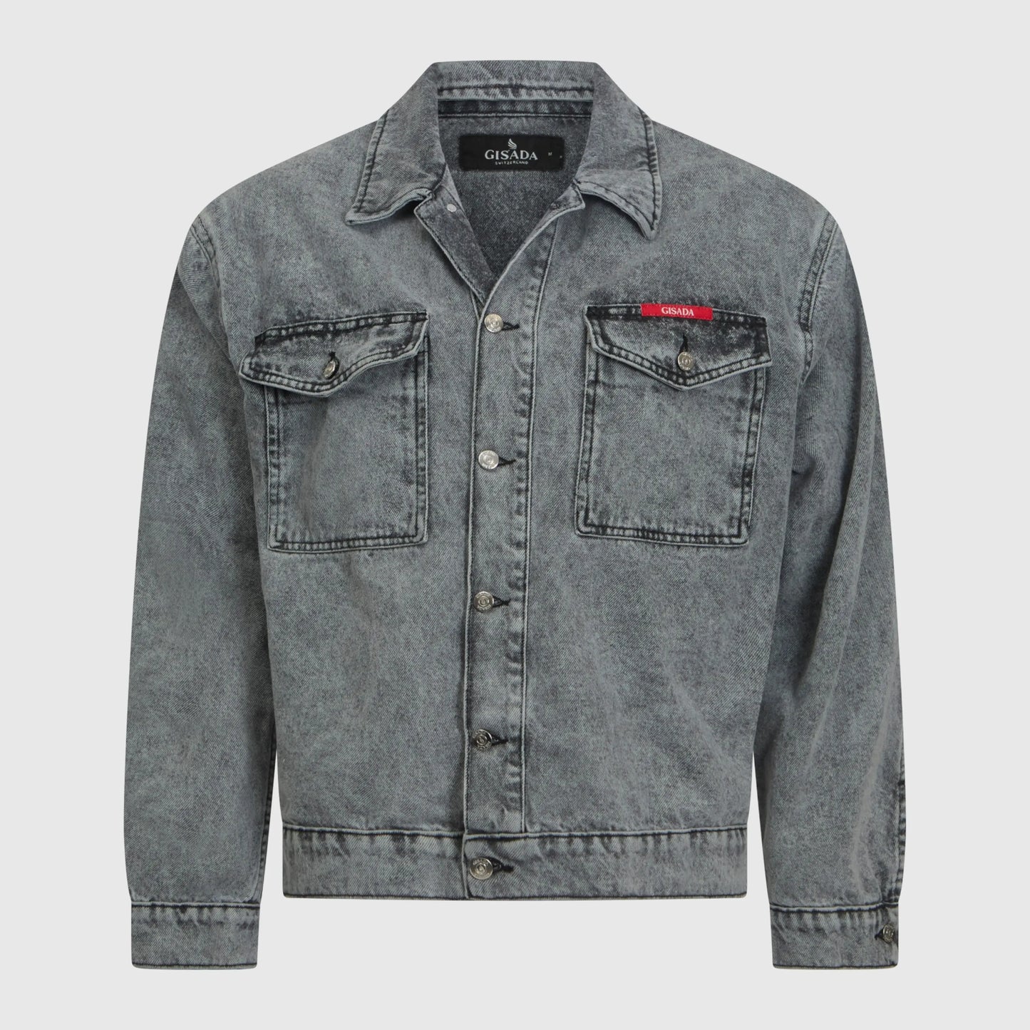 Front view of Gisada regular fit snow grey denim jacket featuring mini label patch