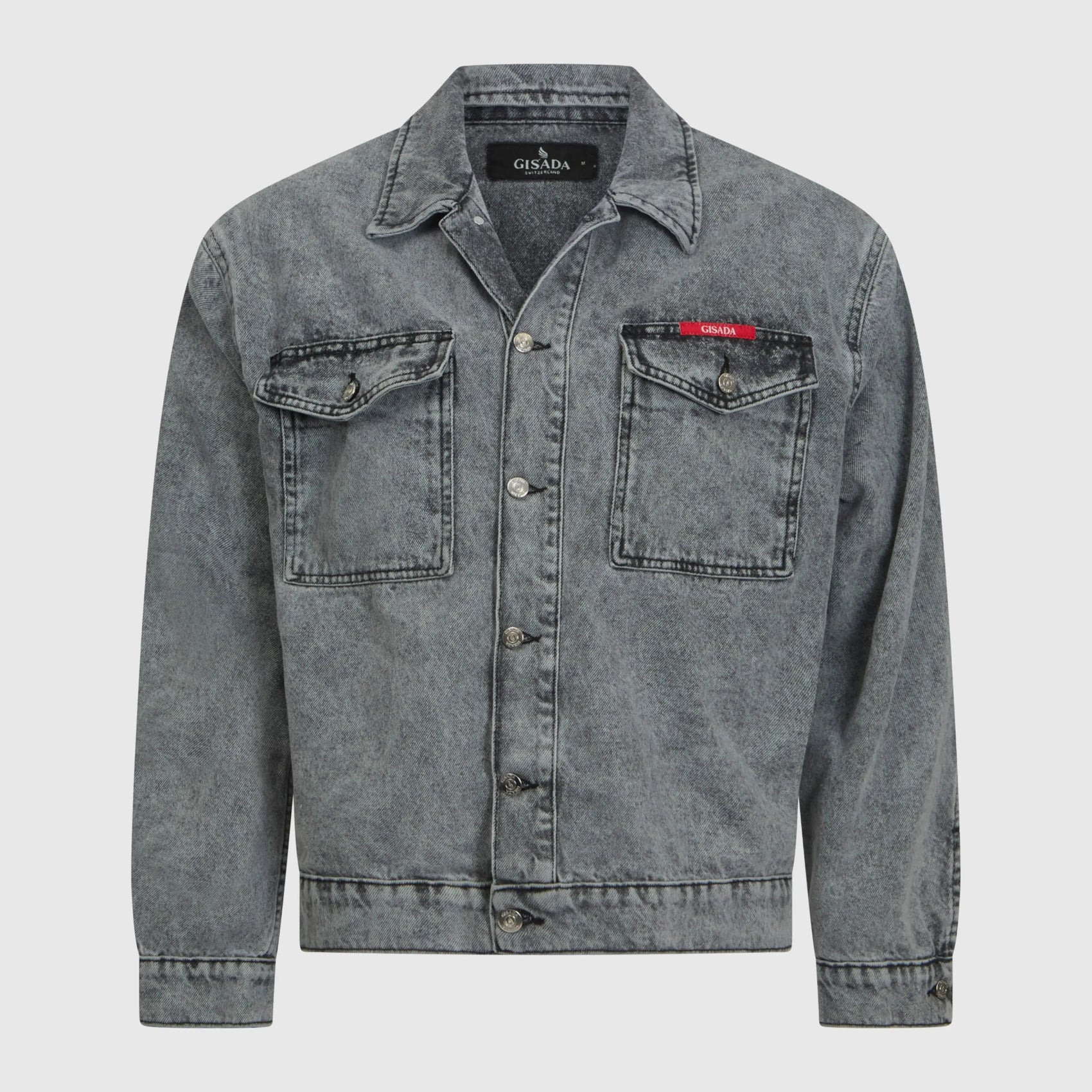 Front view of Gisada regular fit snow grey denim jacket featuring mini label patch