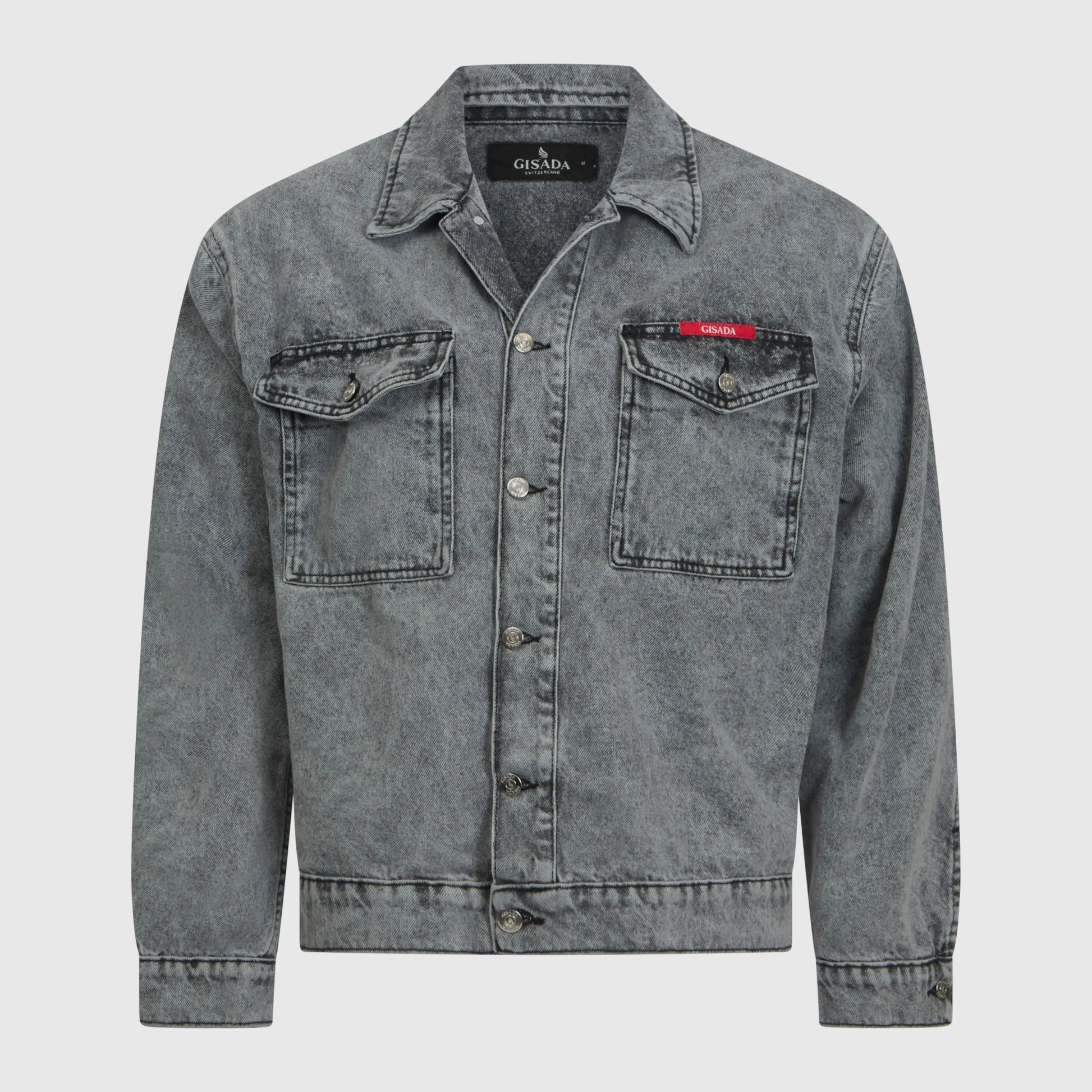 Front view of Gisada regular fit snow grey denim jacket featuring mini label patch