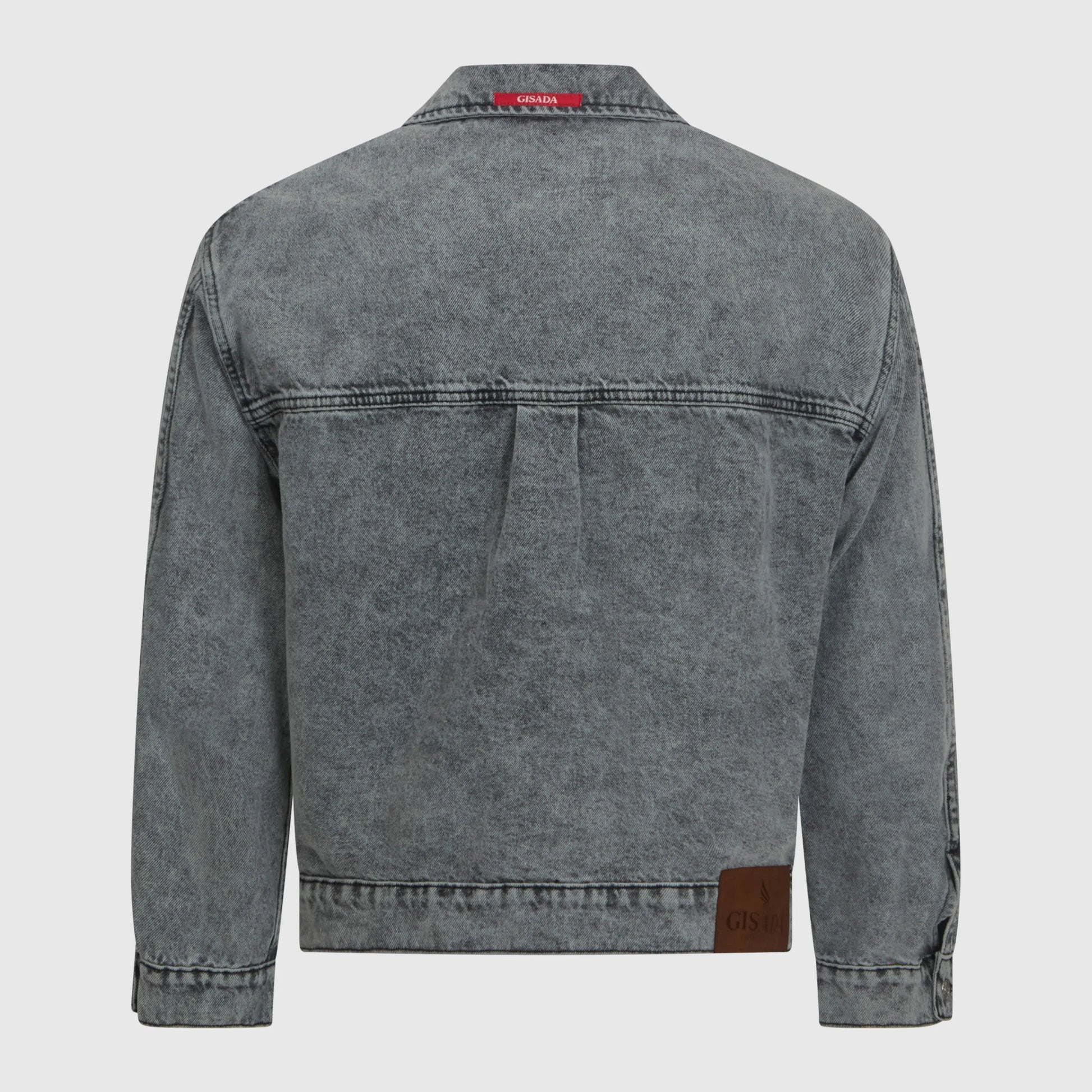 Back view of Gisada denim jacket in snow grey with branded detail