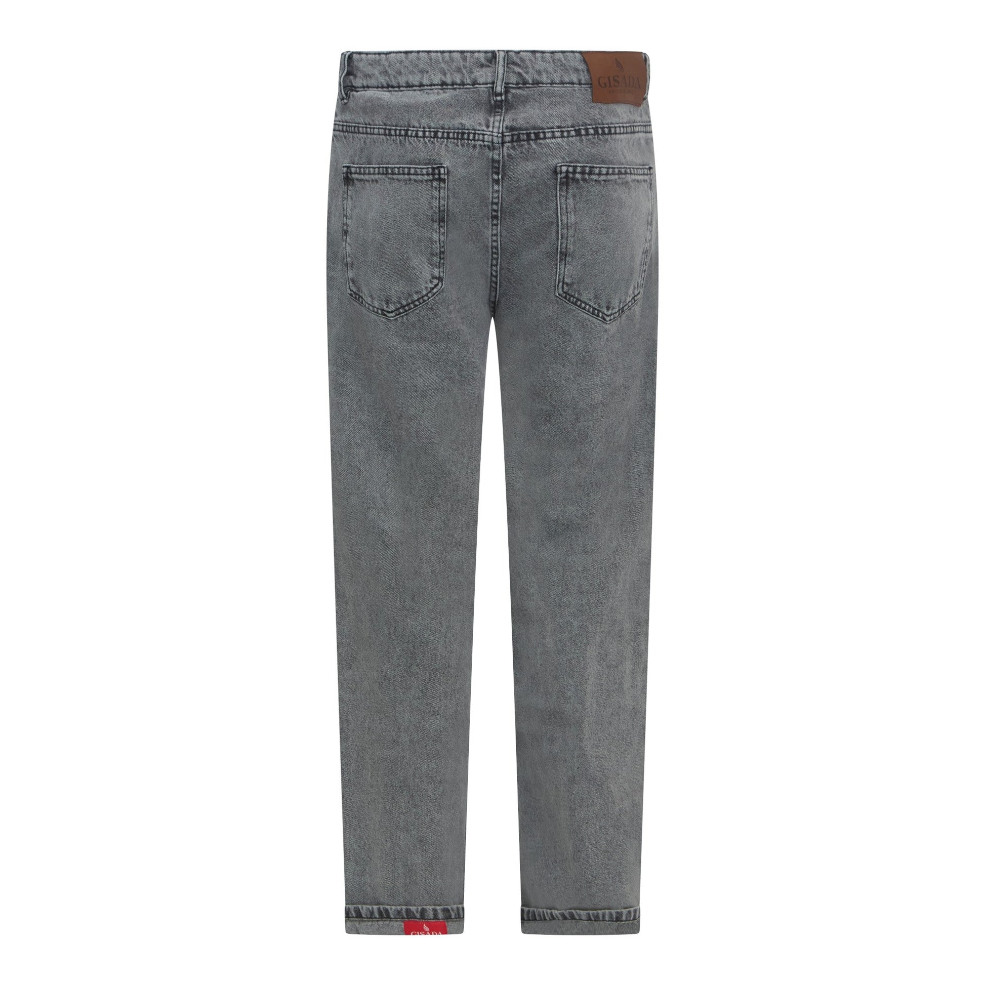 Back view showcasing leather patch branding on Gisada Snow Grey Jeans