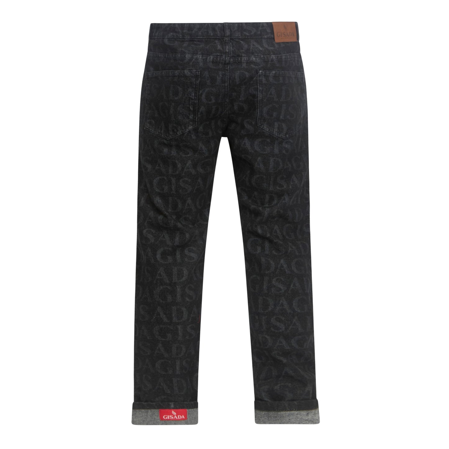 Back view featuring bold Gisada monogram print on black denim jeans