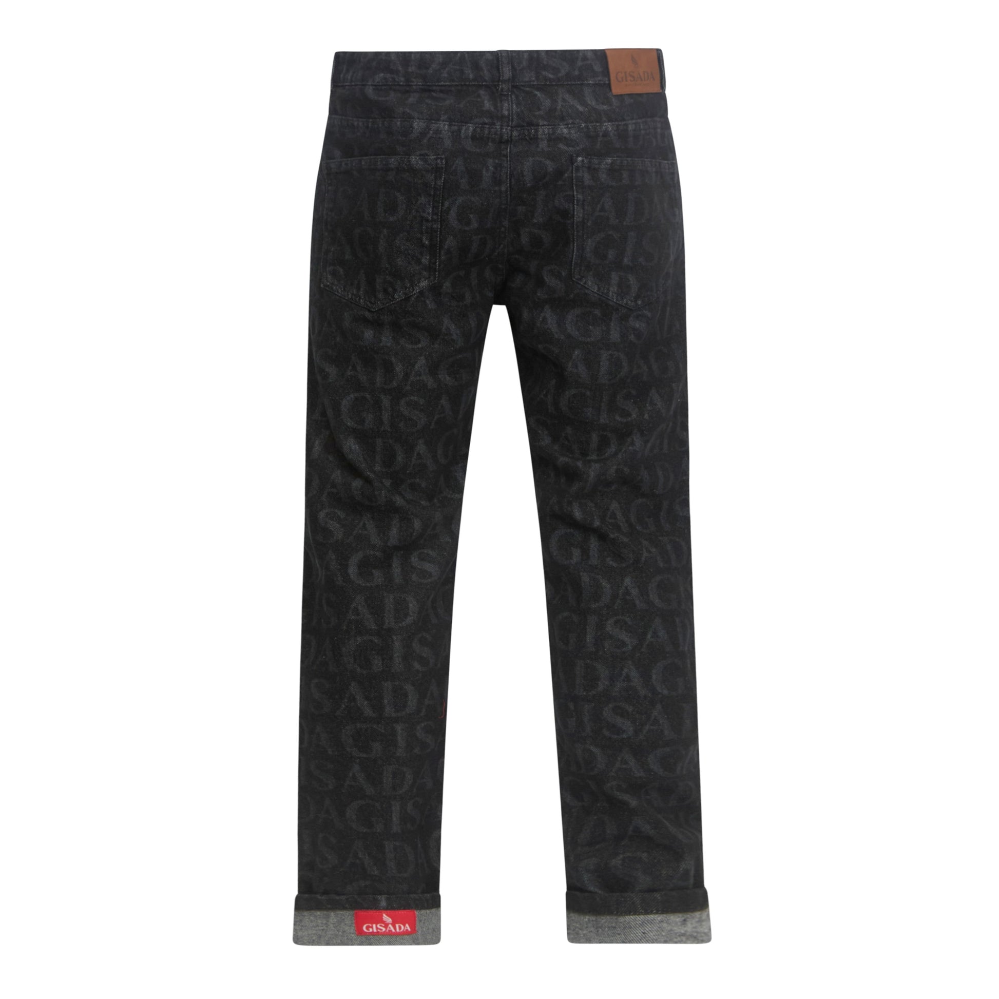 Back view featuring bold Gisada monogram print on black denim jeans