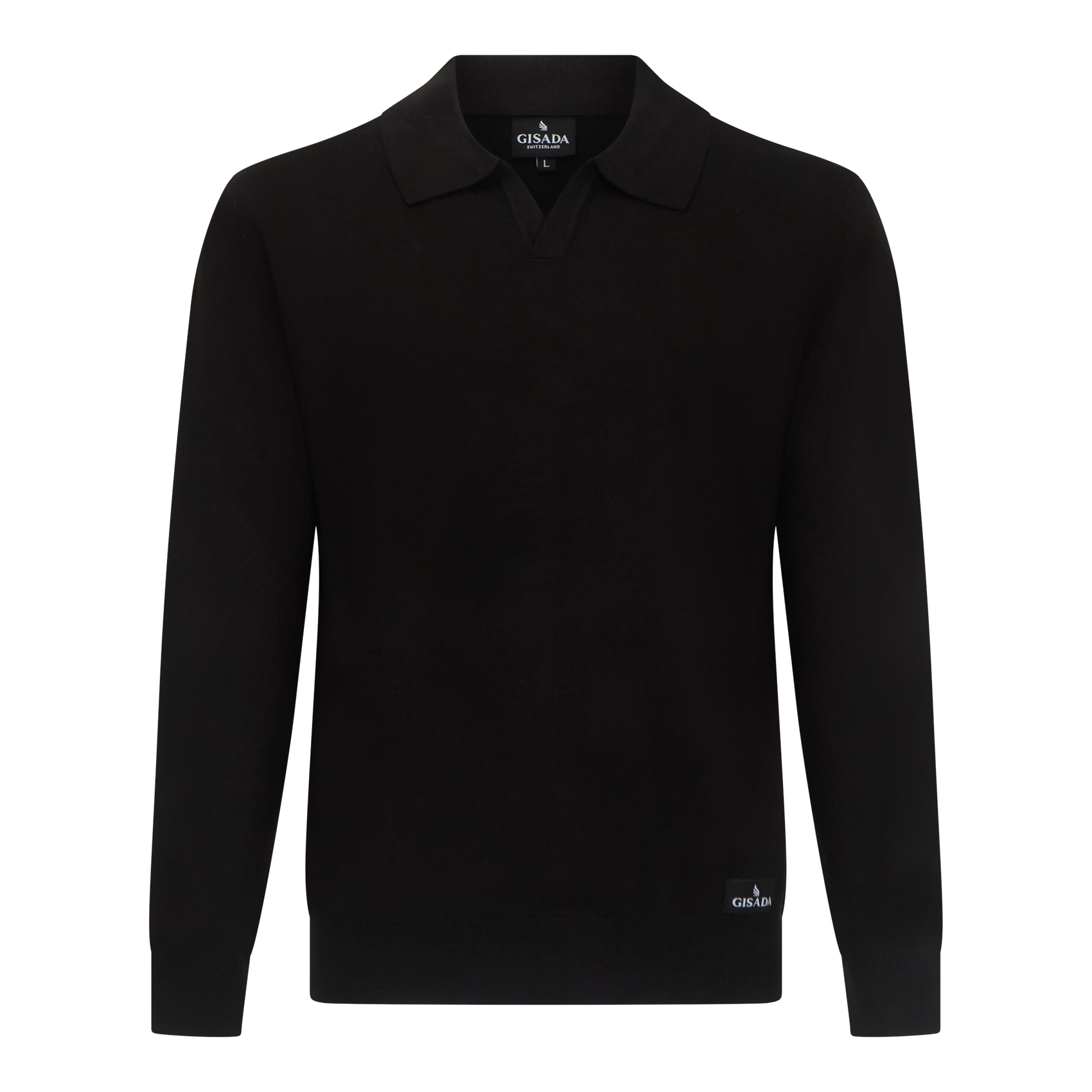 Front view of black knit polo shirt with Johnny collar by Gisada