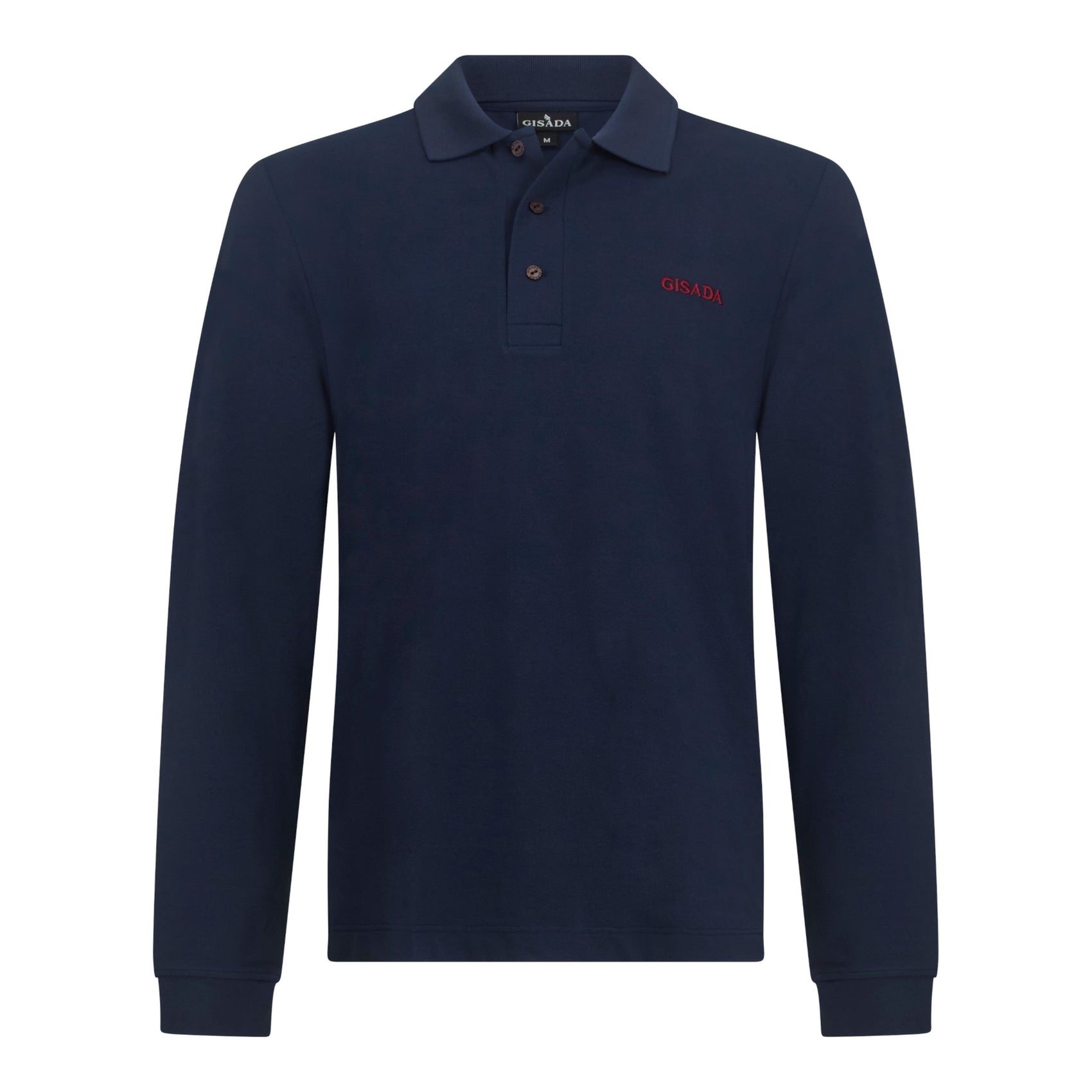 Front view of Gisada navy long sleeve polo shirt with red embroidered logo