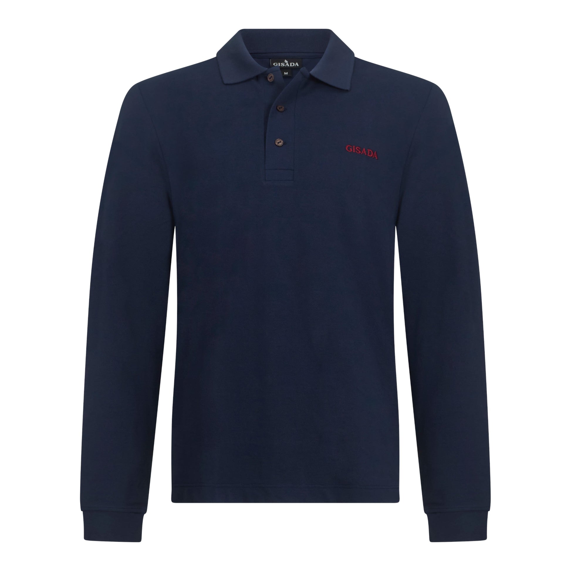 Front view of Gisada navy long sleeve polo shirt with red embroidered logo