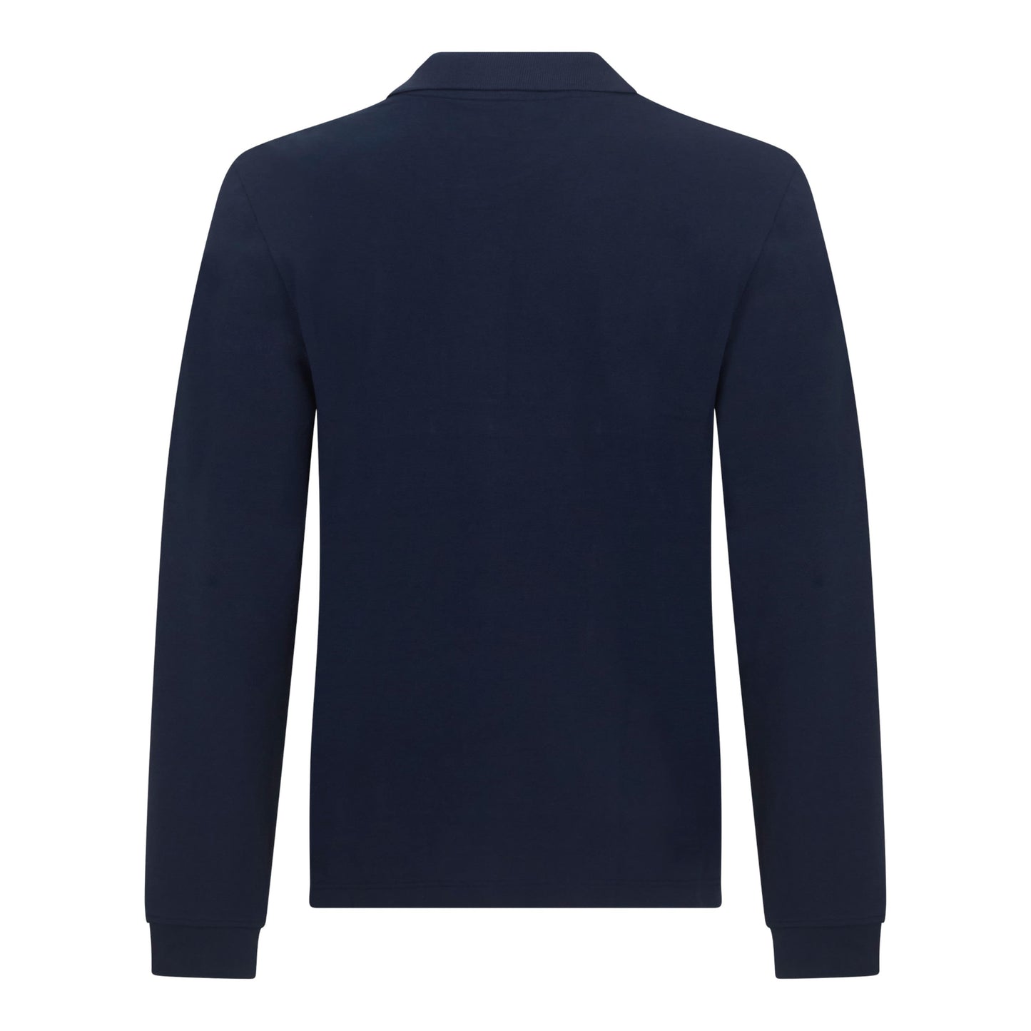Back view of navy long sleeve polo shirt in interlock piqué cotton
