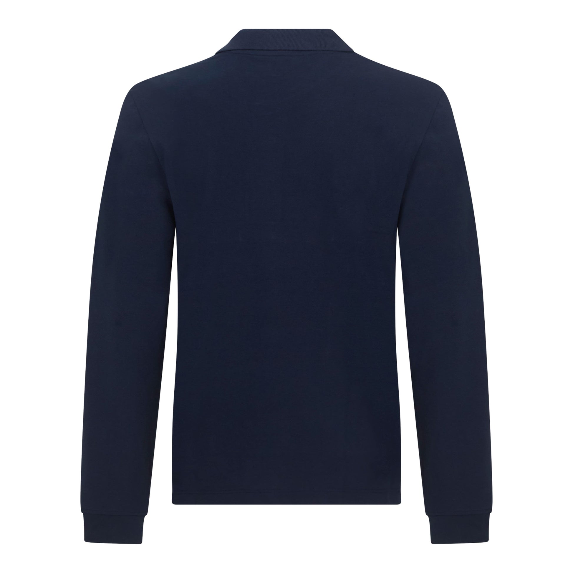 Back view of navy long sleeve polo shirt in interlock piqué cotton
