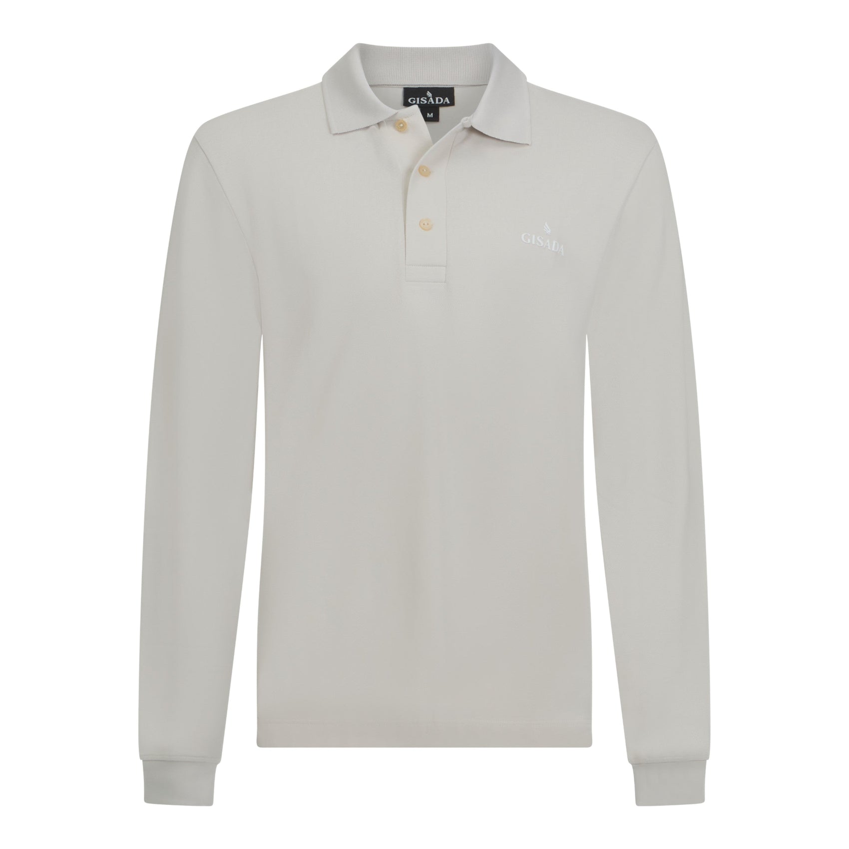 Beige long sleeve cotton polo shirt with Gisada logo – front view