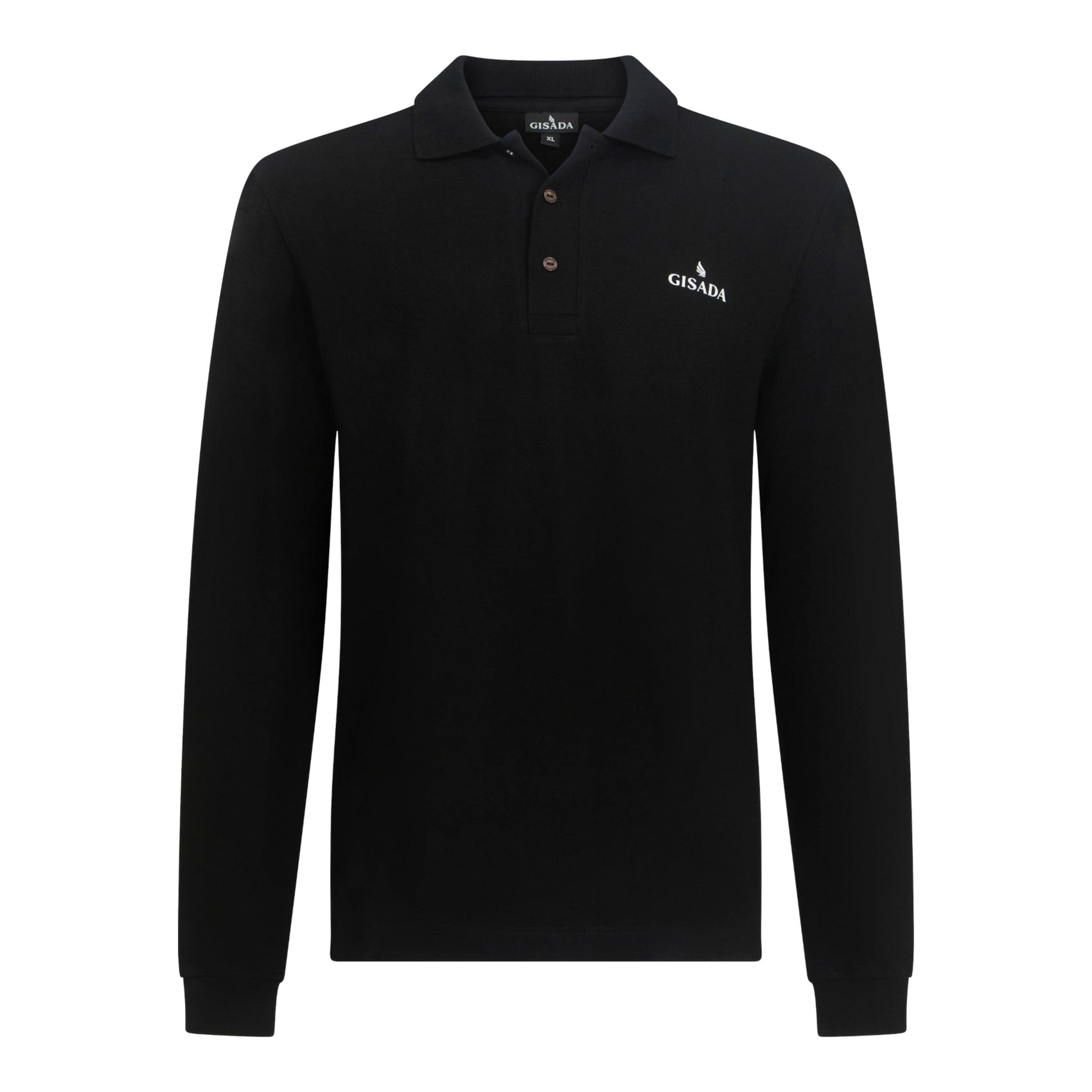 Front view of black long sleeve Gisada polo with logo