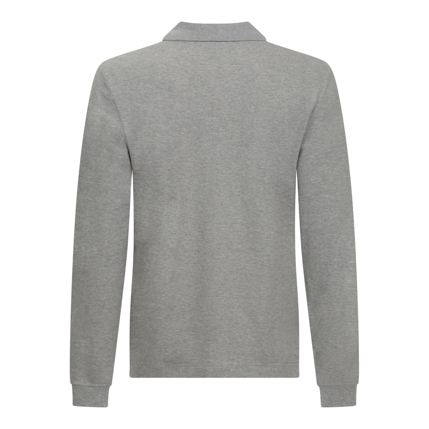Back view of heather grey long sleeve polo shirt