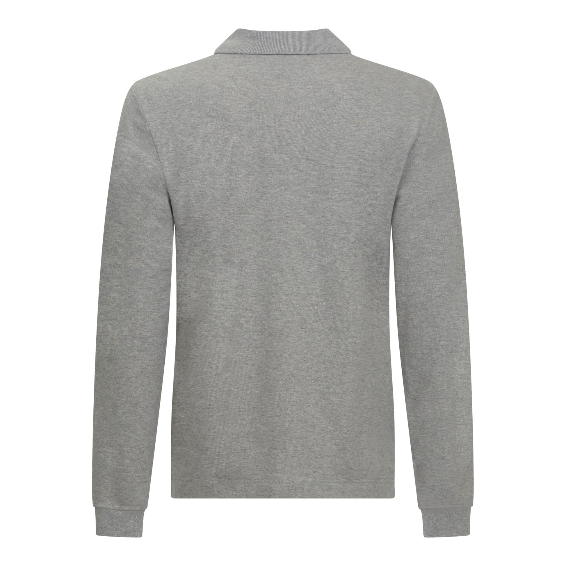 Back view of heather grey long sleeve polo shirt