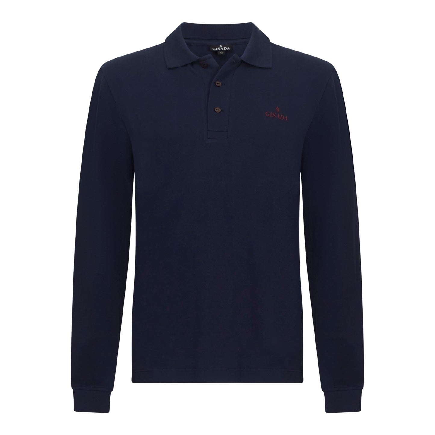 Front view of navy long sleeve Gisada polo with red logo