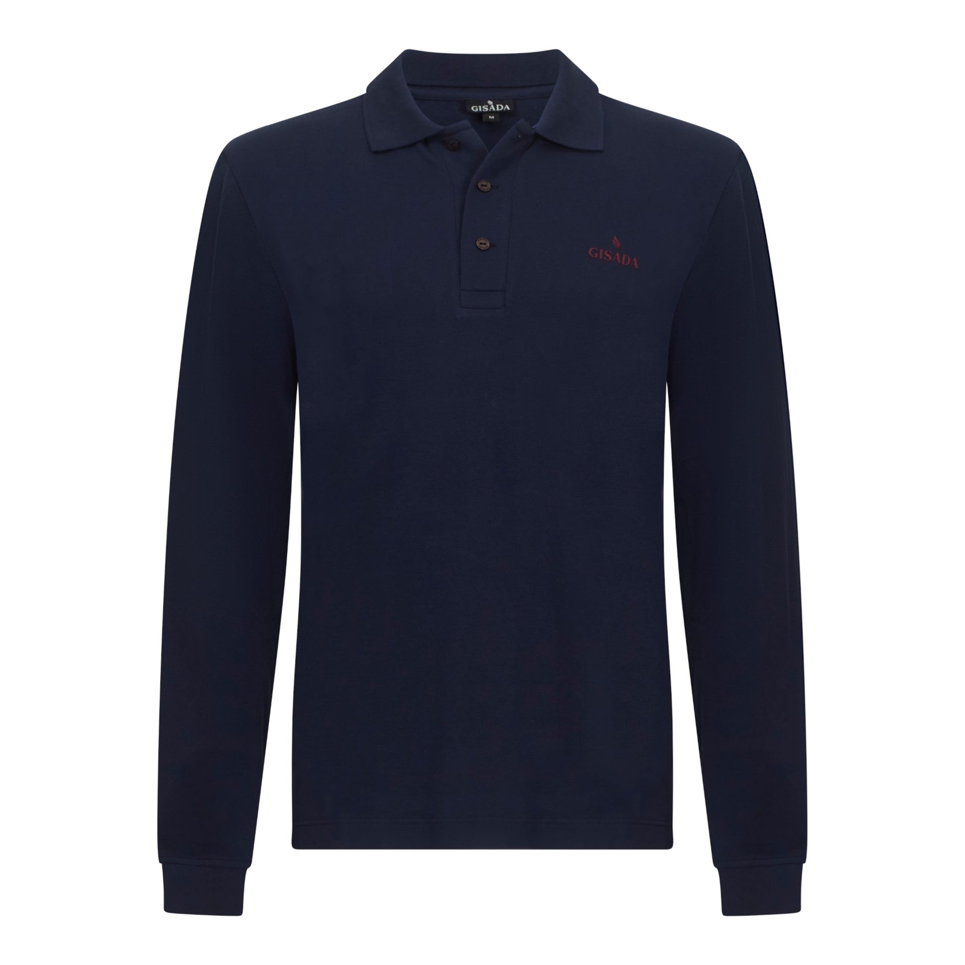 Front view of navy long sleeve Gisada polo with red logo