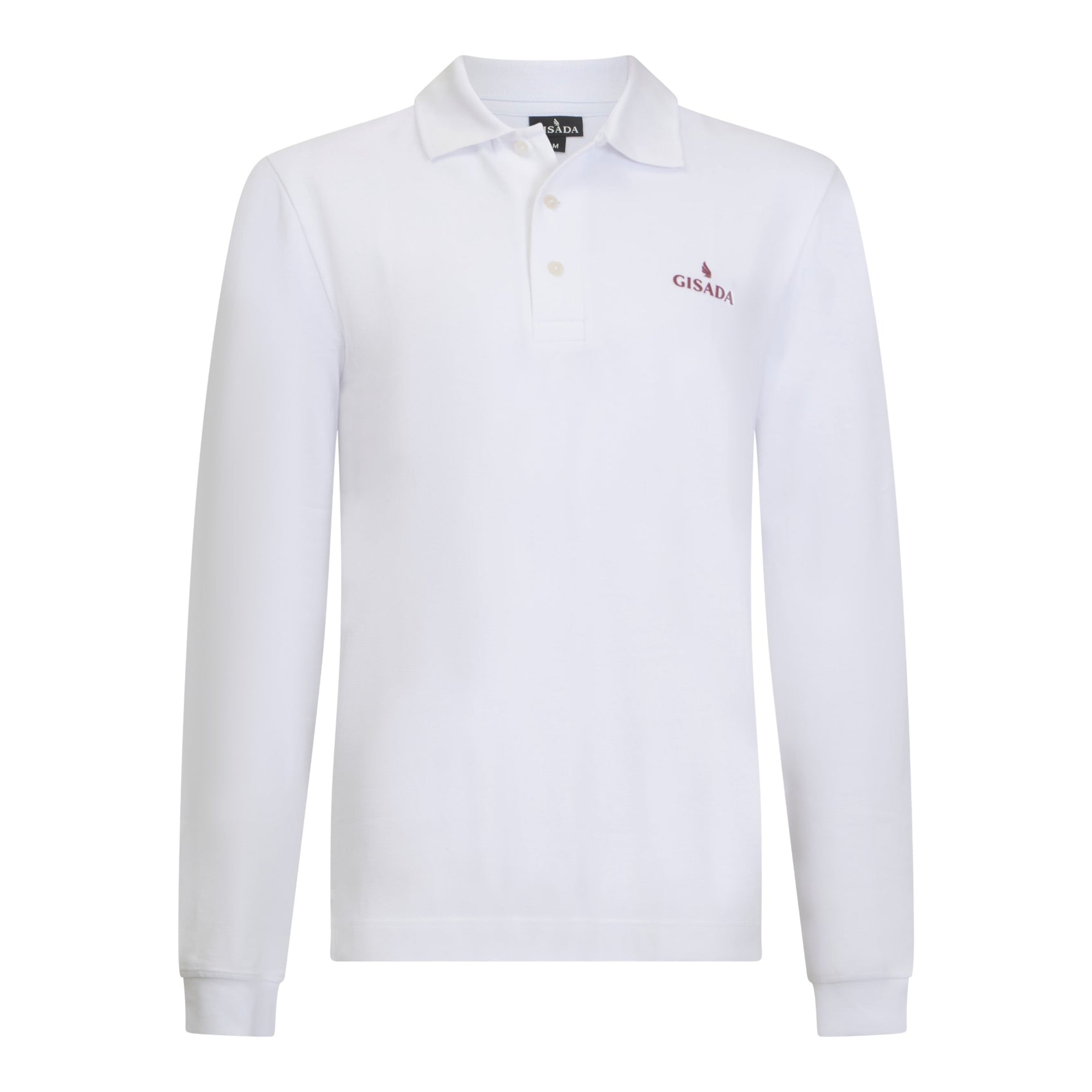 Front view of white long sleeve Gisada polo shirt with red logo