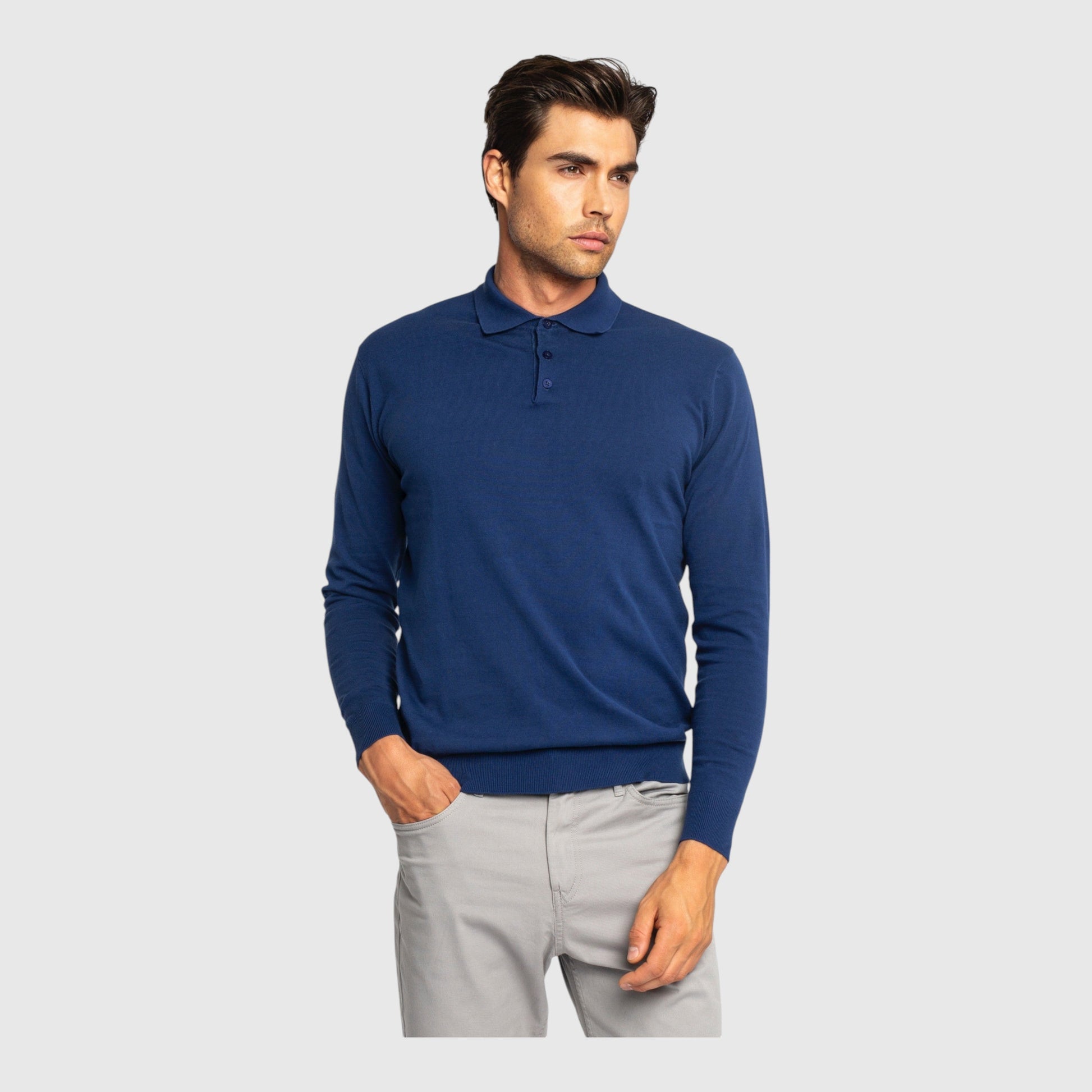 Regular Fit Premium Cotton Long Sleeve Knit Polo with Patch Label Gisada Knitwear