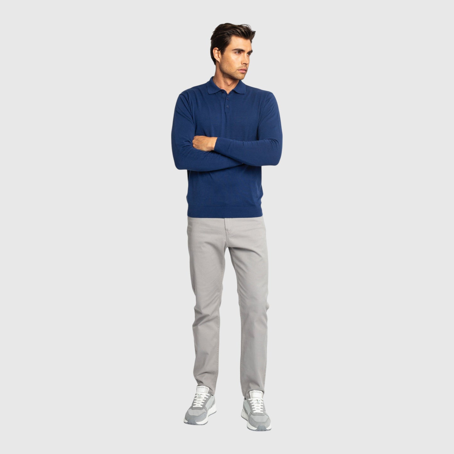 Regular Fit Premium Cotton Long Sleeve Knit Polo with Patch Label Gisada Knitwear
