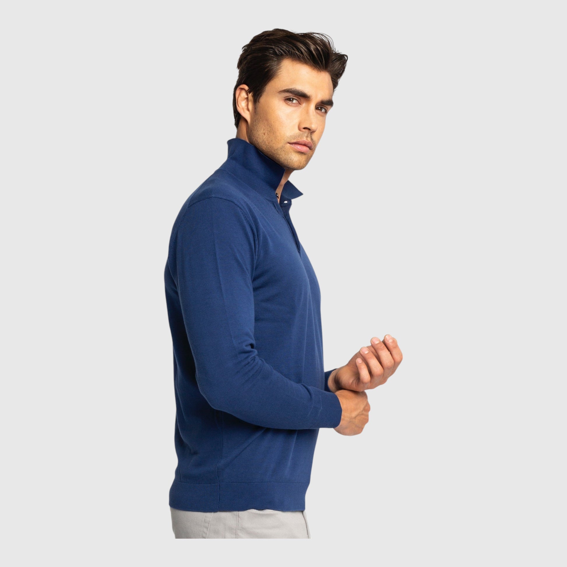Regular Fit Premium Cotton Long Sleeve Knit Polo with Patch Label Gisada Knitwear