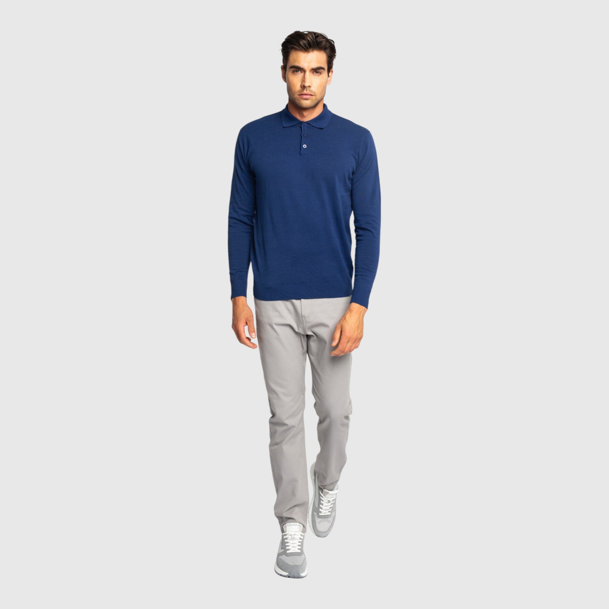 Regular Fit Premium Cotton Long Sleeve Knit Polo with Patch Label Gisada Knitwear