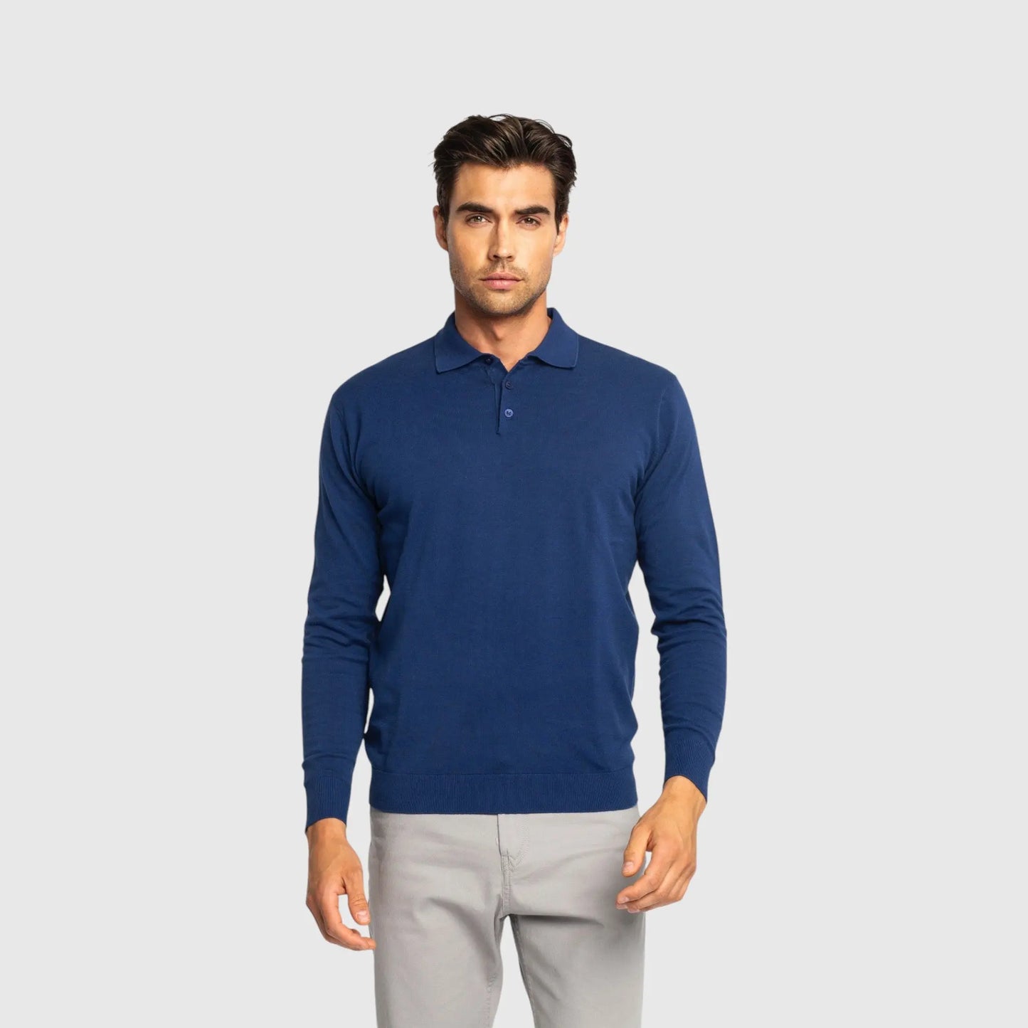 Regular Fit Premium Cotton Long Sleeve Knit Polo with Patch Label Gisada Knitwear