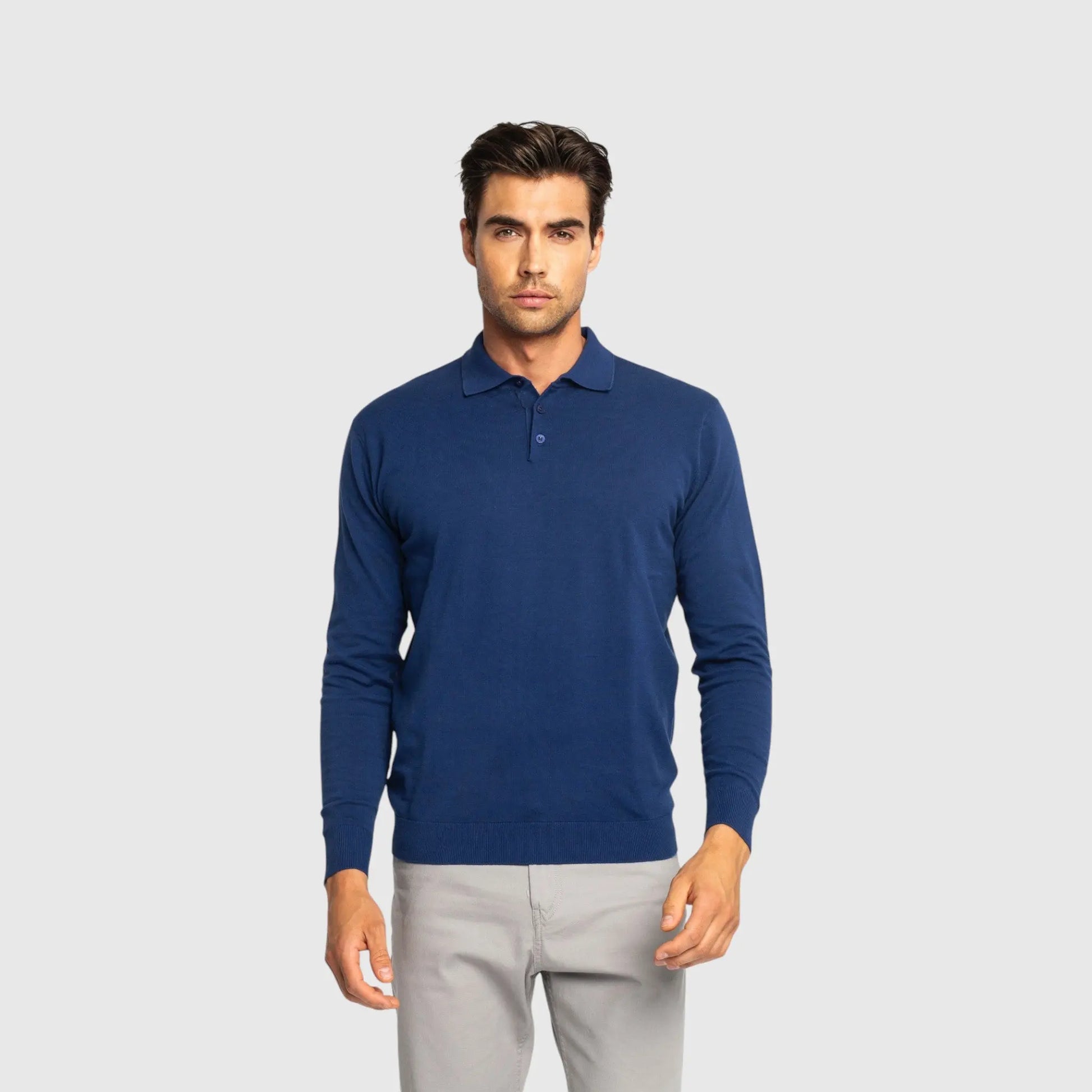 Regular Fit Premium Cotton Long Sleeve Knit Polo with Patch Label Gisada Knitwear